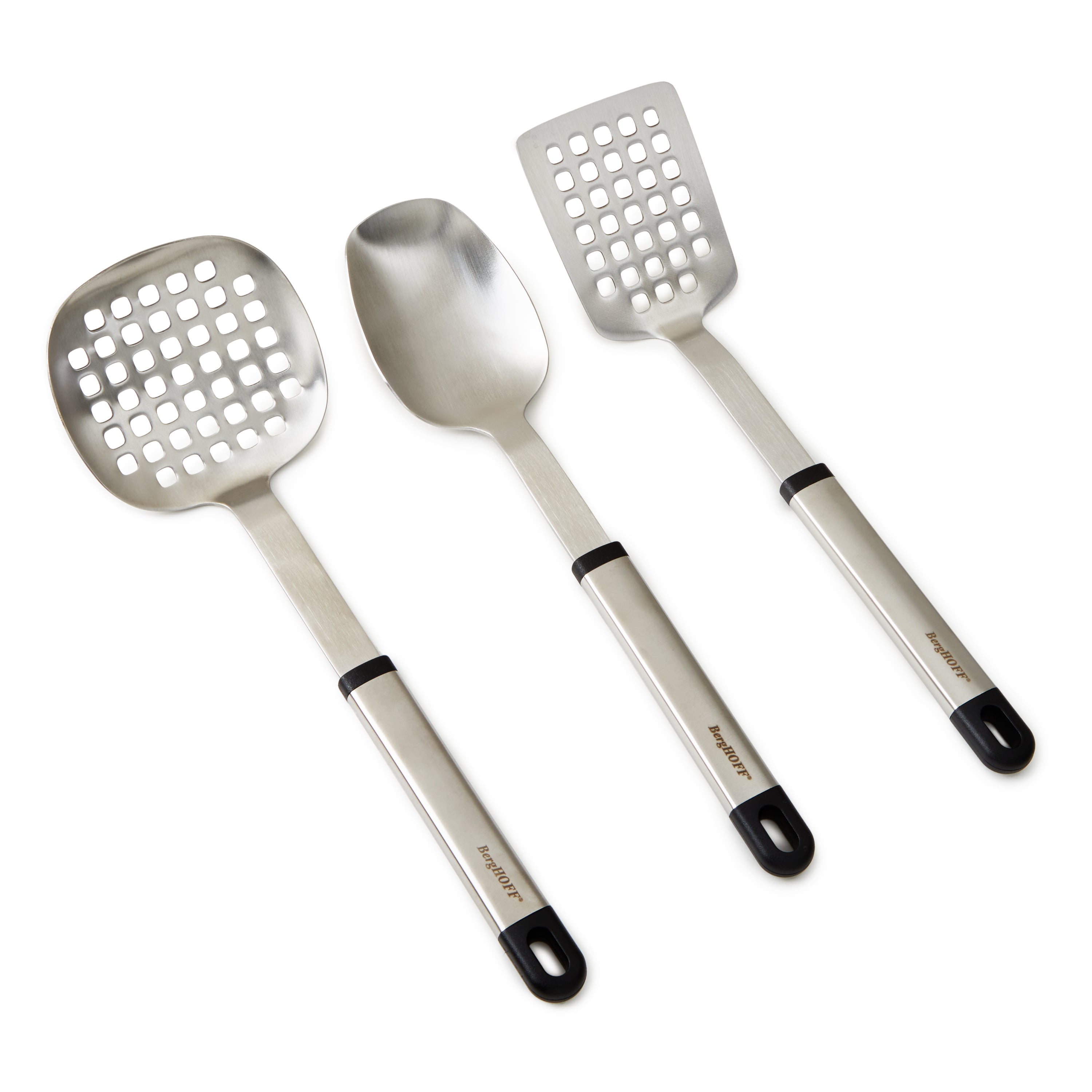 BergHOFF Essentials 3-Piece Stainless Steel Kitchen Utensil Set - Spatula, Spoon & Slotted Spoon for Cooking, Baking & Serving | Durable & Dishwasher Safe