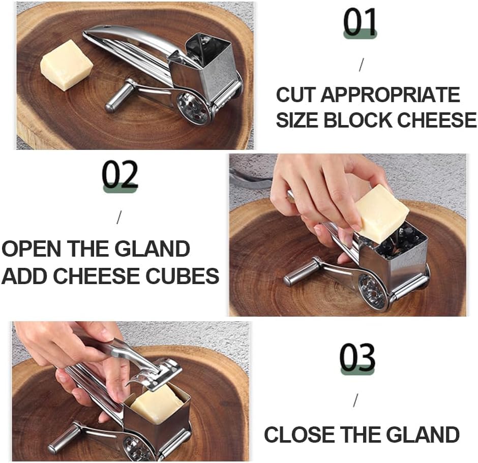 Premium Stainless Steel Rotary Cheese Grater - Hand Crank Kitchen Tool for Shredding Hard Cheese, Chocolate, Vegetables & Nuts | Perfect for Pizza Topping, Baking & Meal Prep