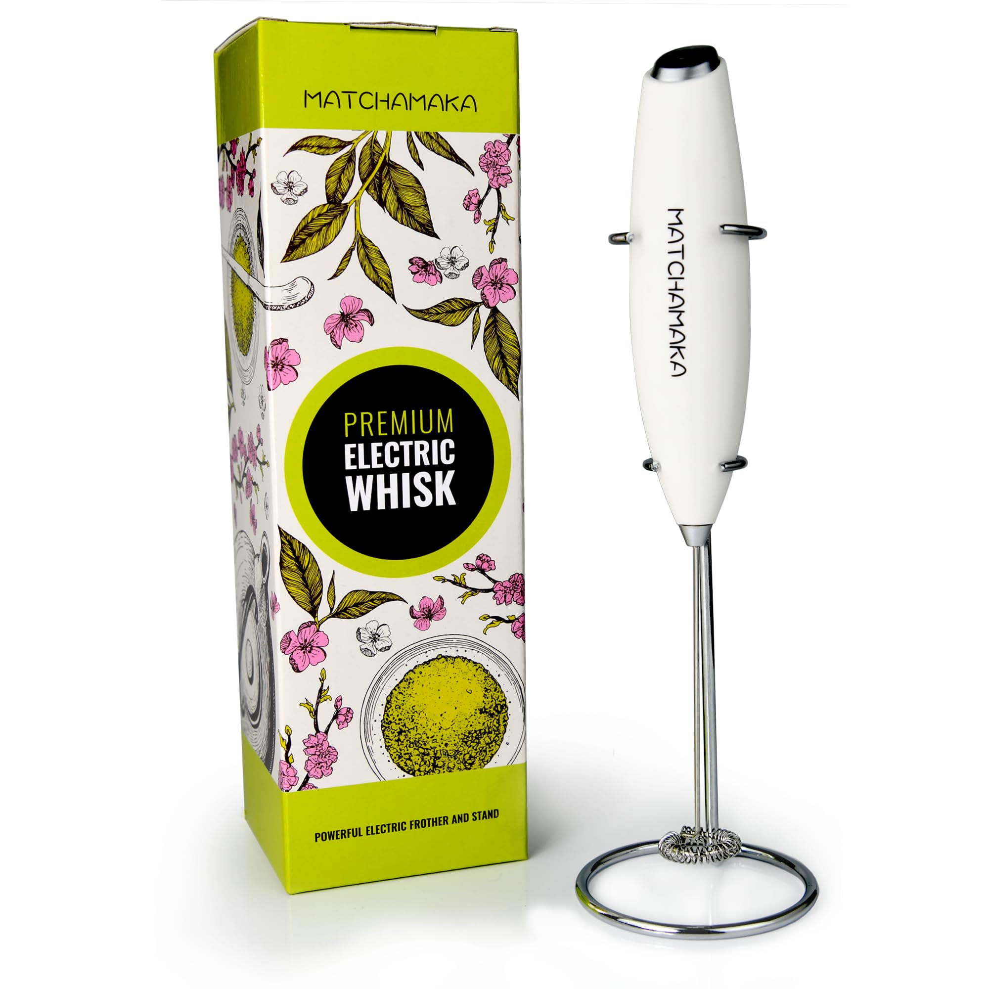MATCHAMAKA Electric Milk Frother & Matcha Whisk - Powerful Handheld Foam Maker for Lattes, Cappuccino, Hot Chocolate & Frappe - Battery Operated Drink Mixer for Coffee & Matcha Green Tea Powder (White) - Perfect for Home, Office & Café Use