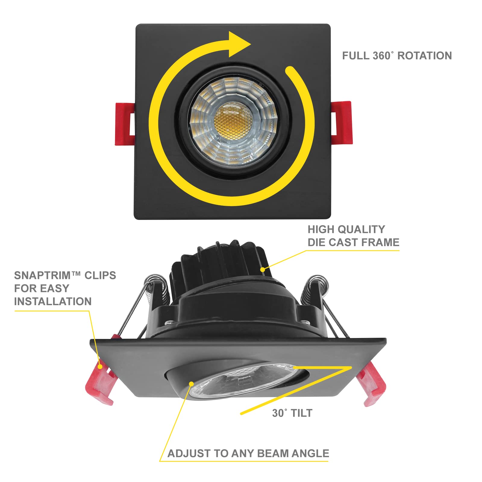 NUWATT 3 Inch LED Gimbal Recessed Lights - Black Square, 5CCT Selectable (2700K-5000K), 8W 600 Lumens, IC & Wet Rated, 120V Dimmable Canless Adjustable Downlight - 4 Pack - Perfect for Living Rooms, Kitchens & Bathrooms