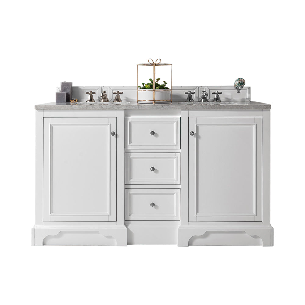 De Soto 60 Inch Double Vanity with Carrara Marble Top - Bright White Bathroom Vanity for Modern Homes | Perfect for Master Bathrooms & Guest Suites