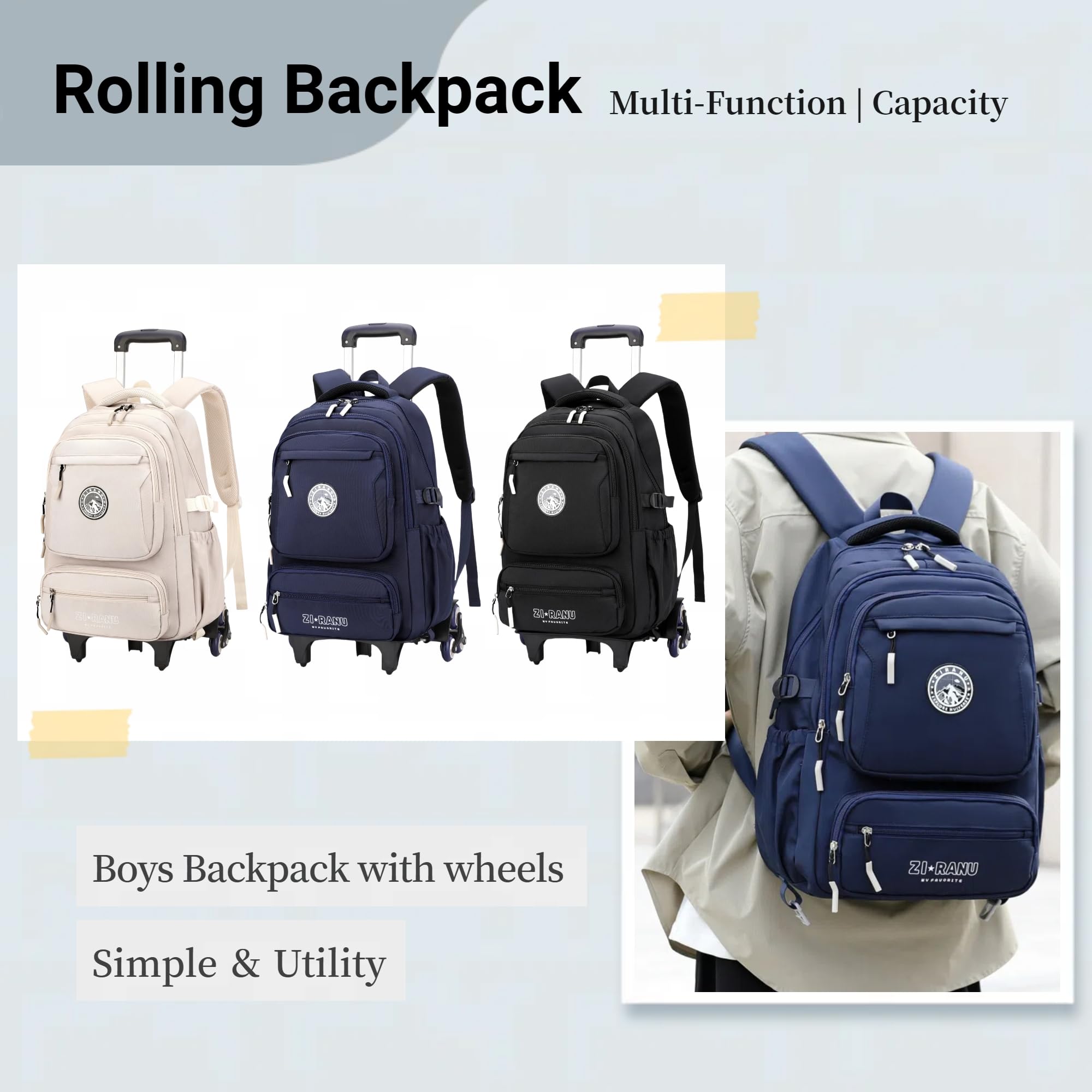 Rolling Backpack for Boys & Girls - 6-Wheel Rolling School Backpack with Wheels for Elementary & Middle School Students, Beige - Perfect for School, Travel & Daily Commute