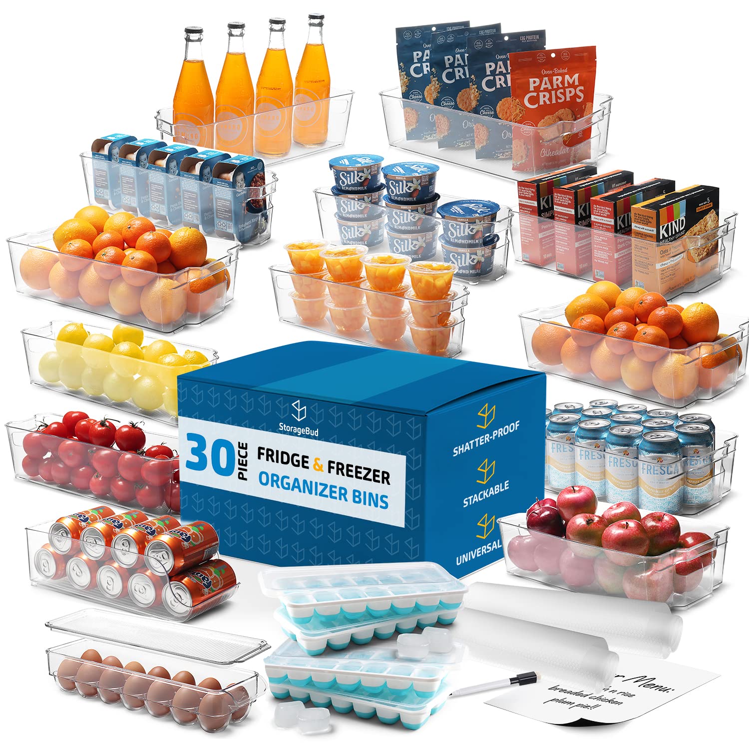StorageBud 30-Piece Pantry Organization & Food Storage Containers Set - Clear BPA-Free Storage Bins for Fridge, Freezer & Kitchen Cabinet - Perfect for Meal Prep, Leftovers & Kitchen Organization