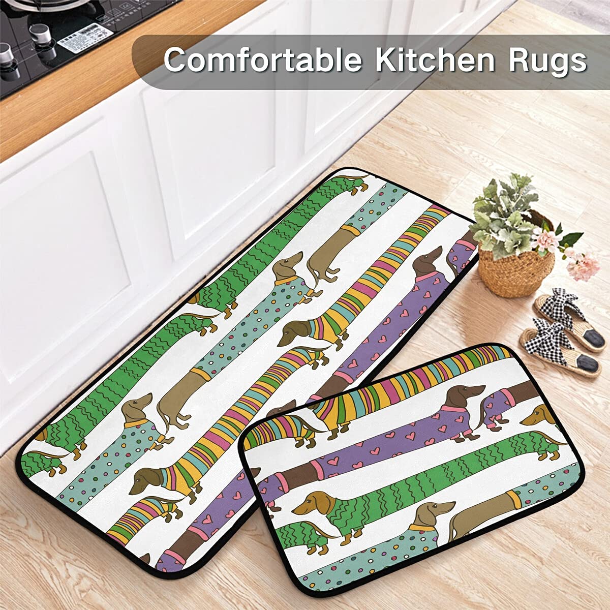 Non-Slip Cartoon Dachshund Dog Kitchen Rugs Set of 2 - Washable Runner Mats for Kitchen, Living Room Floor Decor - Perfect for Pet Lovers' Homes & Cozy Spaces