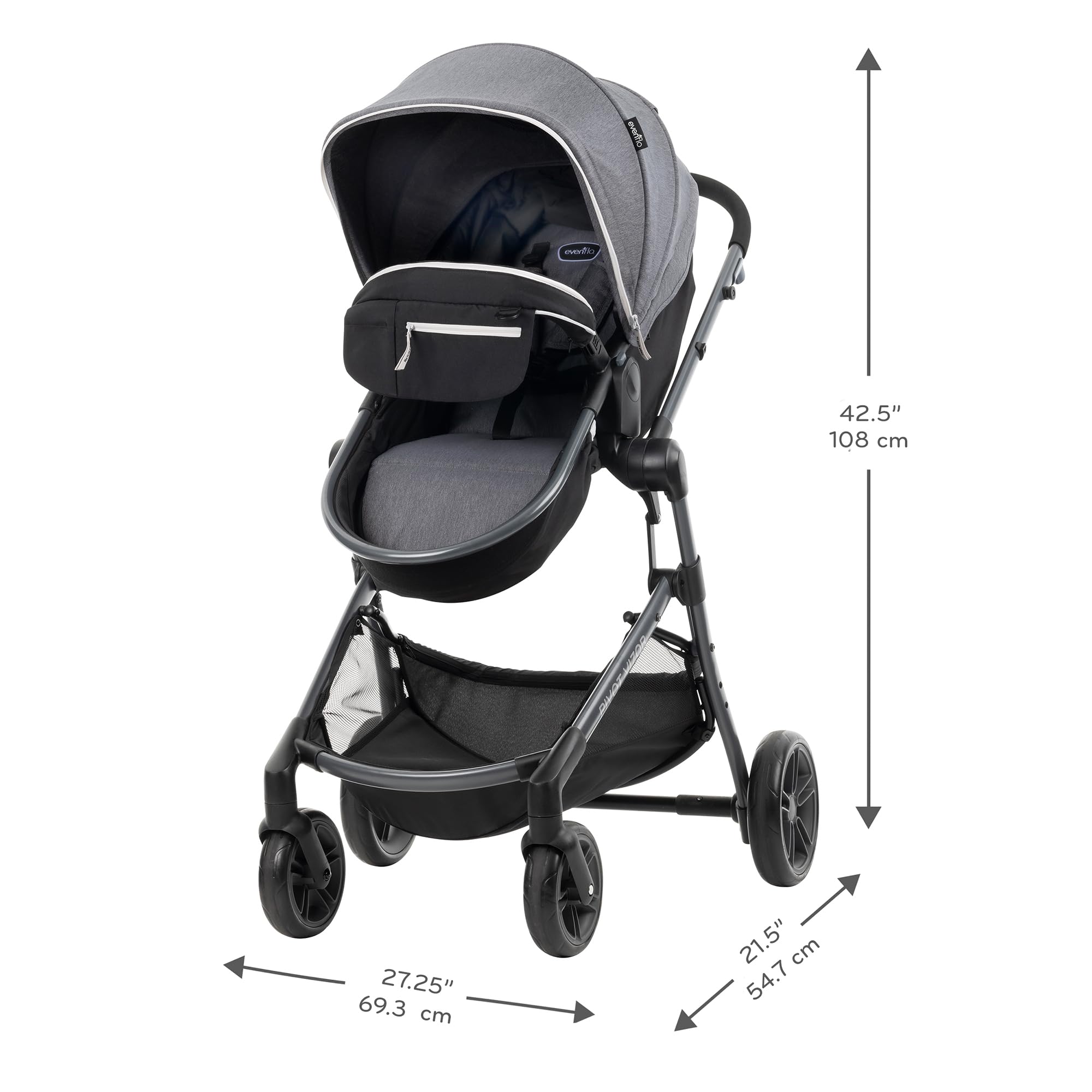 Evenflo Pivot Vizor Modular Reversible Stroller Travel System with LiteMax Infant Car Seat - 6 Adjustable Modes, Chasse Black | Lightweight Baby Stroller for Newborns to Toddlers | Perfect for Travel, Shopping & Daily Walks