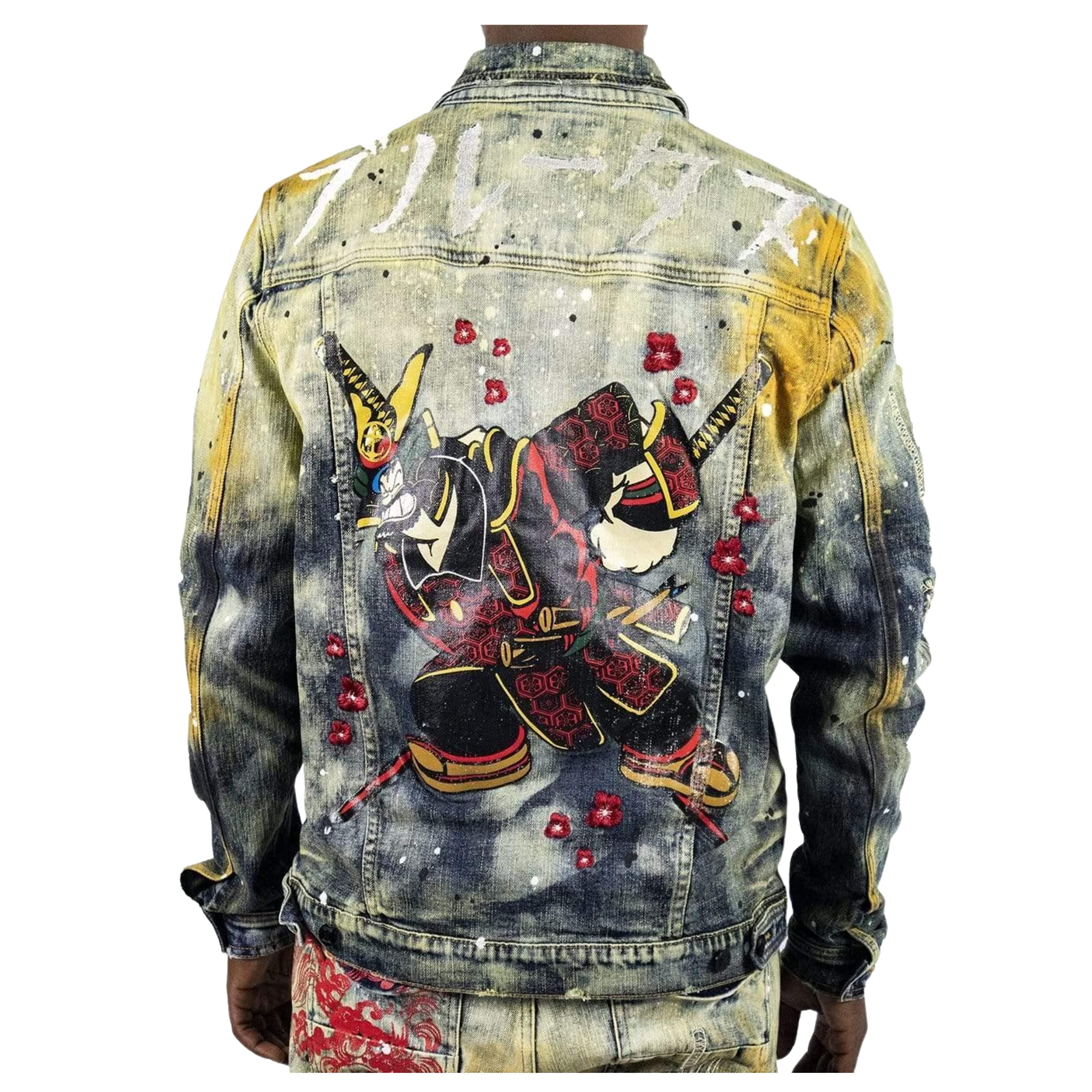 Vintage Popeye Samurai Graphic Distressed Stretch Denim Jacket for Men - Casual Streetwear, Anime Fashion, Retro Style for Everyday Wear & Cosplay