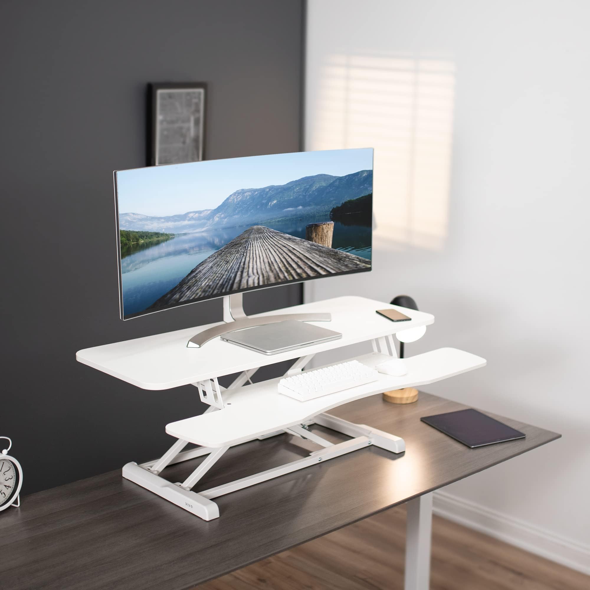 VIVO K Series 42 Inch Height Adjustable Sit to Stand Desk Converter - Dual Monitor & Laptop Workstation with Wide Keyboard Tray, White (DESK-V042KW) - Perfect for Home Office, Gaming Setup & Ergonomic Workspace