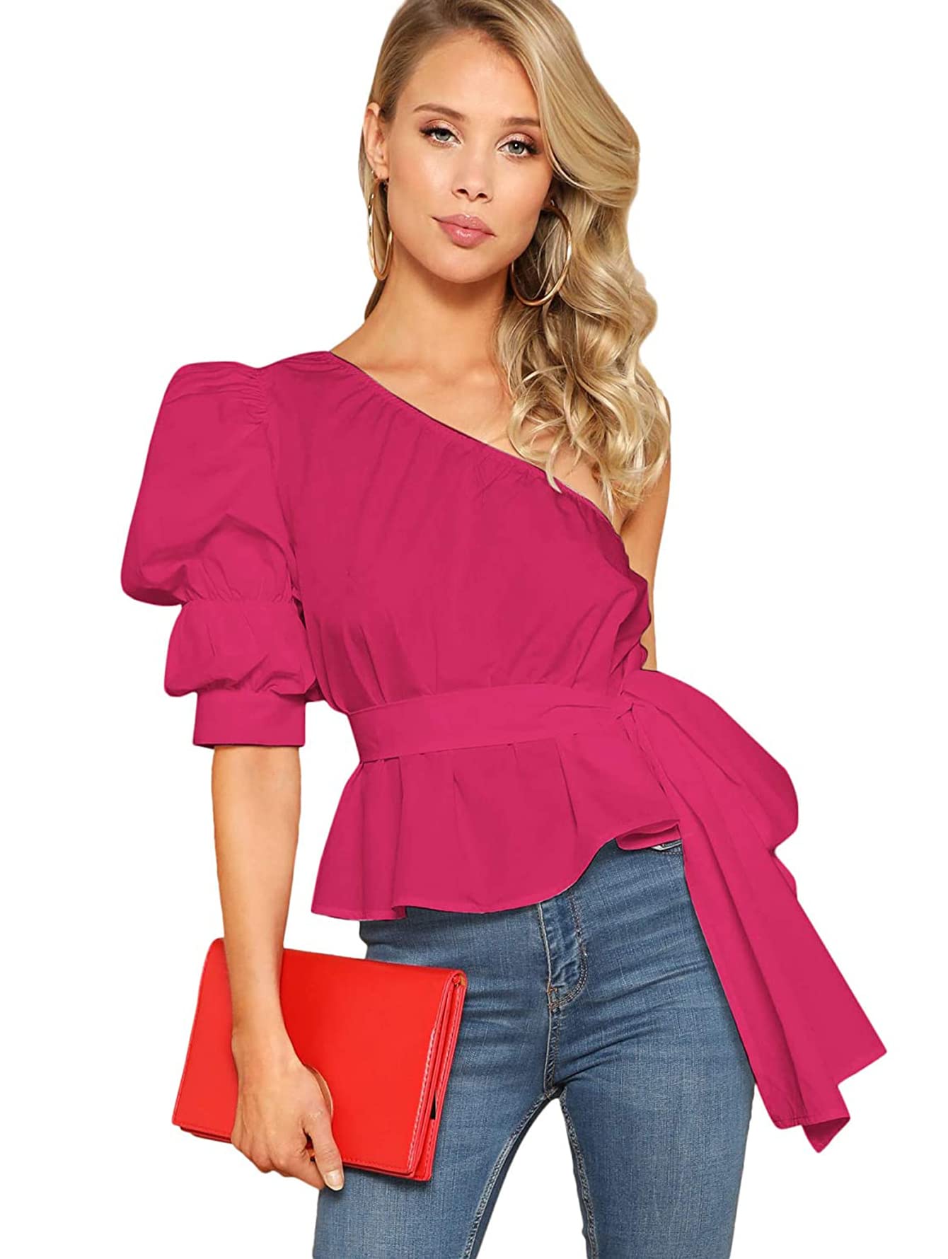 Romwe Women's One Shoulder Short Puff Sleeve Blouse with Self Belt - Elegant Solid Color Top for Party, Date Night & Special Occasions