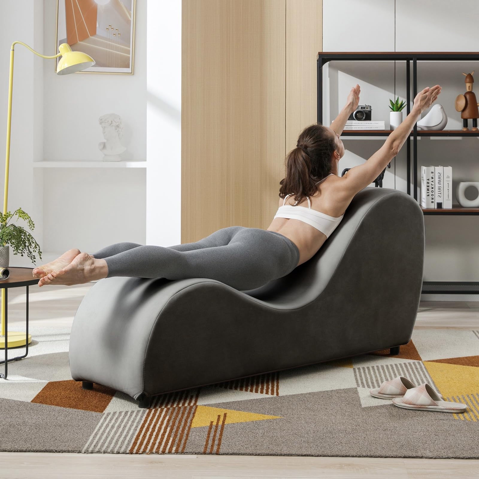Premium Velvet Yoga Chaise Lounge Chair for Adults - Dark Gray Curved Sofa for Yoga Stretching & Relaxing | Living Room Lounge Chair, Apartment Exercise Furniture | Perfect for Meditation, Home Workouts & Cozy Reading Nook