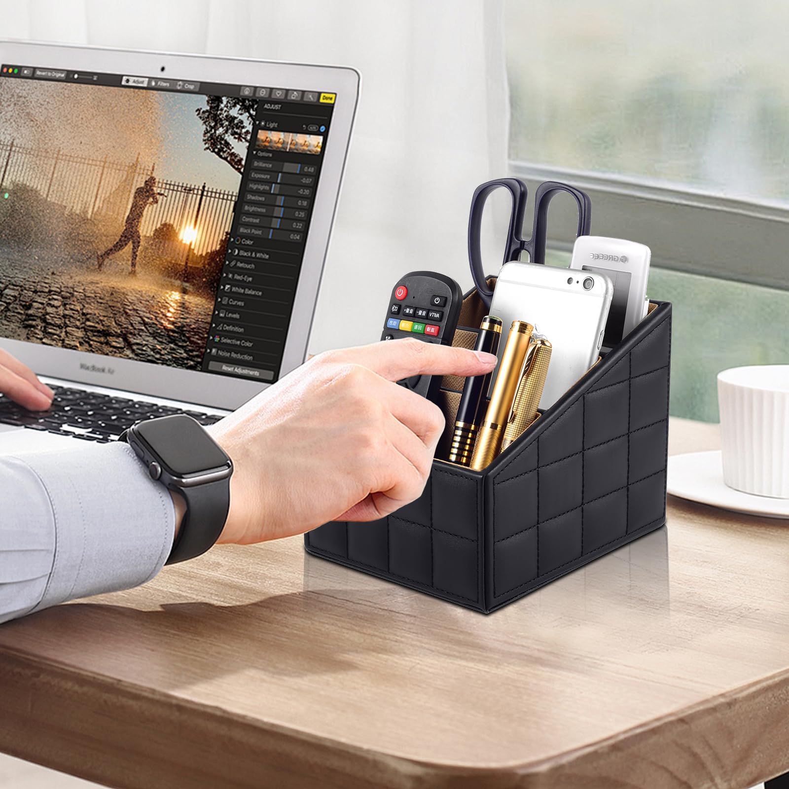 XNONE Leather Remote Control Organizer with 3 Compartments - Multifunctional Nightstand & Desk Organizer for Pens, Glasses, Phones, Makeup - Black Line Design (Perfect for Home Office, Bedroom & Living Room Organization)