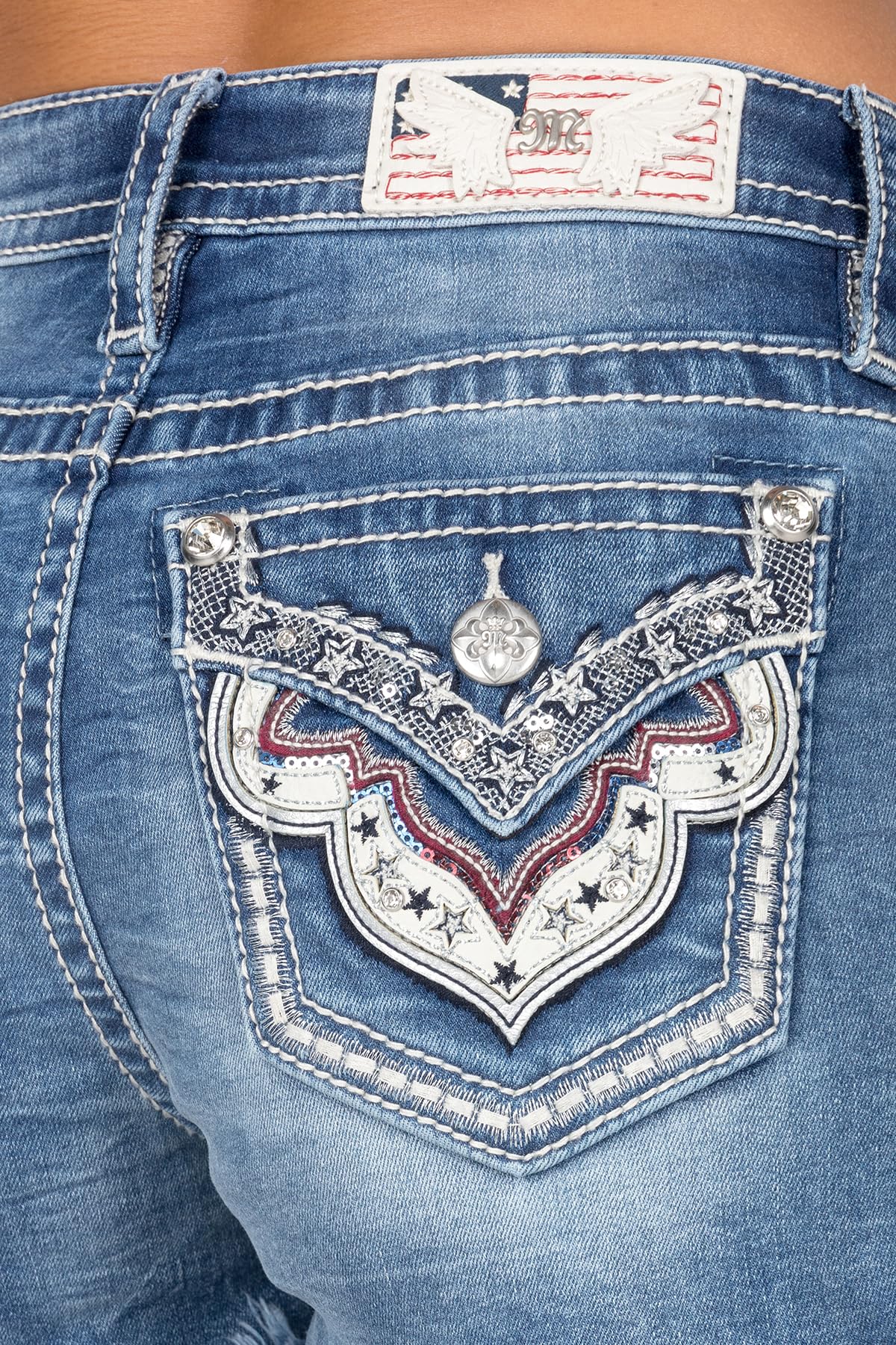 Miss Me Women's Mid-Rise Frayed Denim Shorts with Faux Flap Pockets & Wings Embellishment - Red & Silver Rhinestone Details | Casual Summer Outfits, Beach Wear, Music Festivals