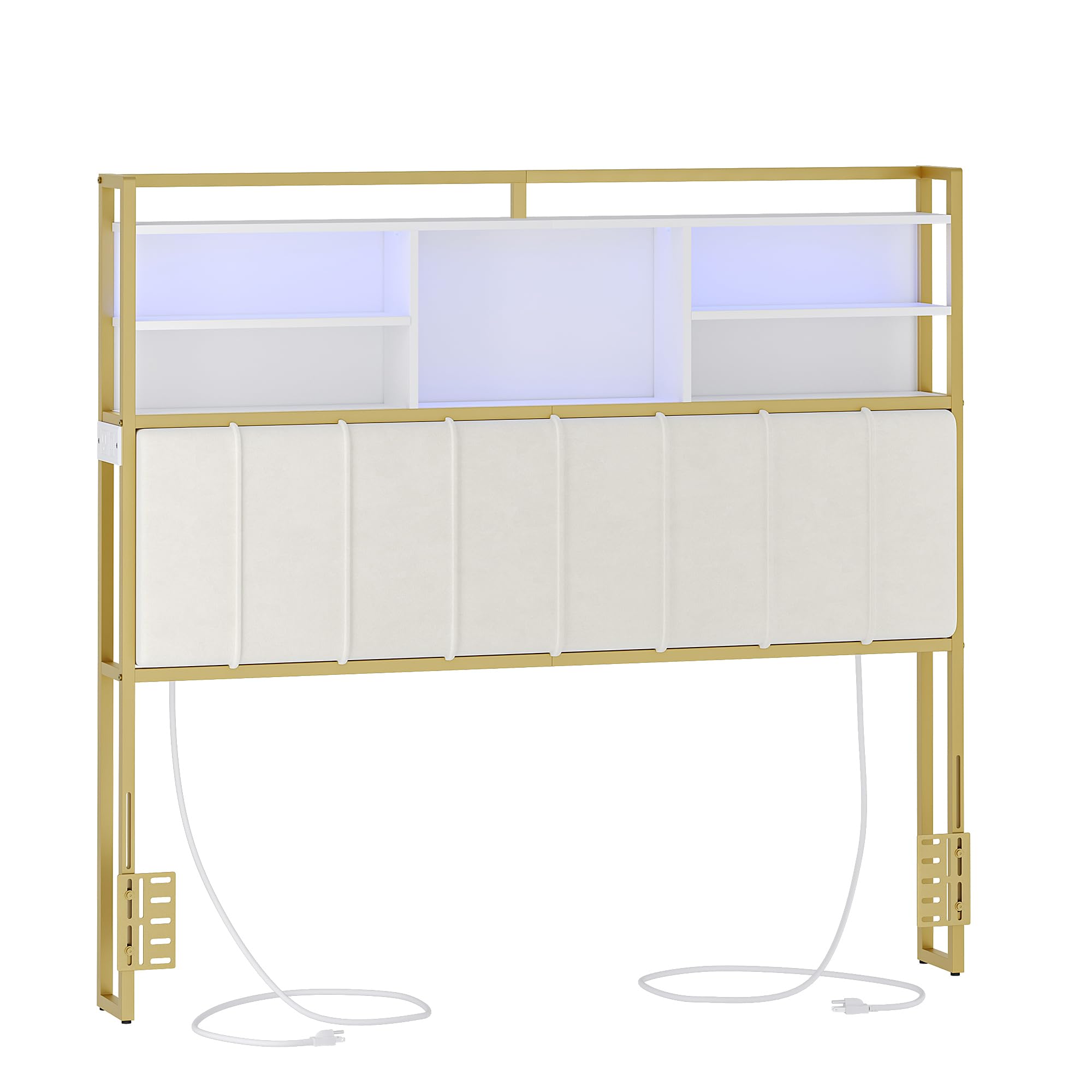 Velvet Upholstered Queen Size Headboard with 3-Tier Storage Shelves, 2 Outlets & USB Ports, LED Light - Soft Backrest in White & Gold (BH15203A) - Perfect for Bedroom Organization & Modern Home Decor