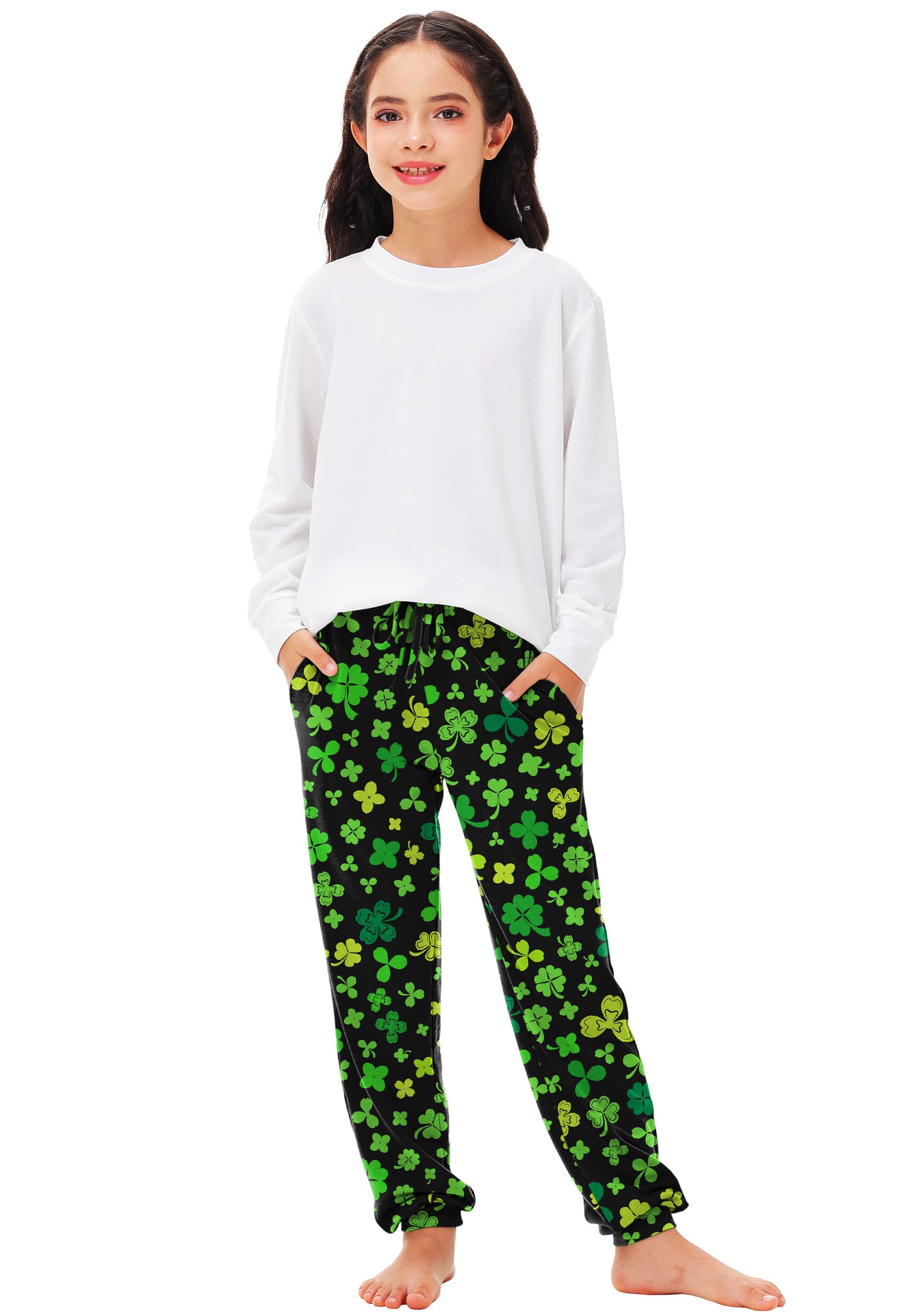 Deerose St. Patrick's Day Green Sweatpants for Kids - Elastic Waistband with Drawstring & Pockets (Ages 5-14) - Perfect for School, Parties & Holiday Celebrations