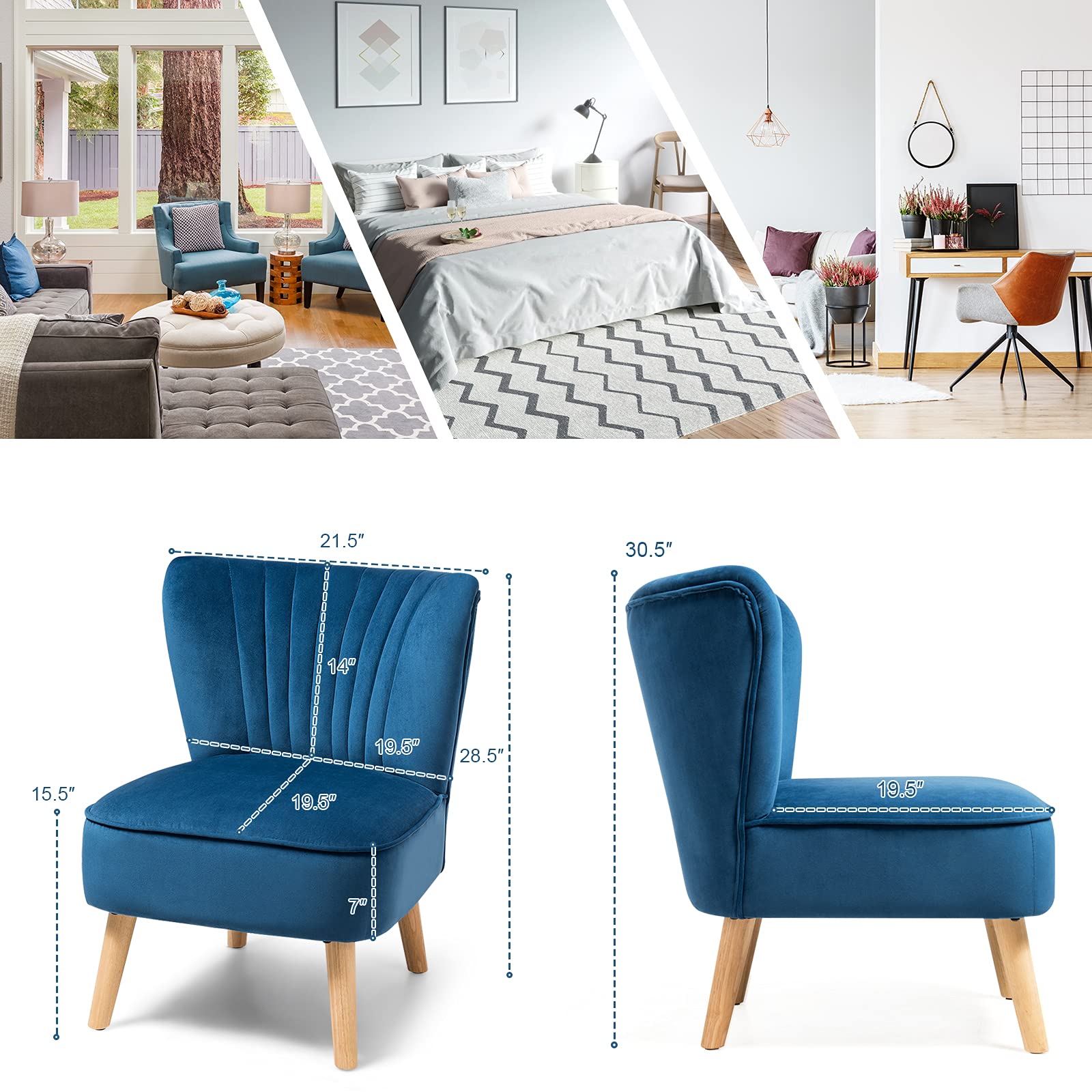Velvet Modern Armless Accent Chair with Rubber Wood Legs & Thick Sponge Seat - Upholstered Wingback Leisure Sofa for Living Room, Bedroom & Office - Blue Comfort Chair for Relaxing, Reading & Small Space Decor