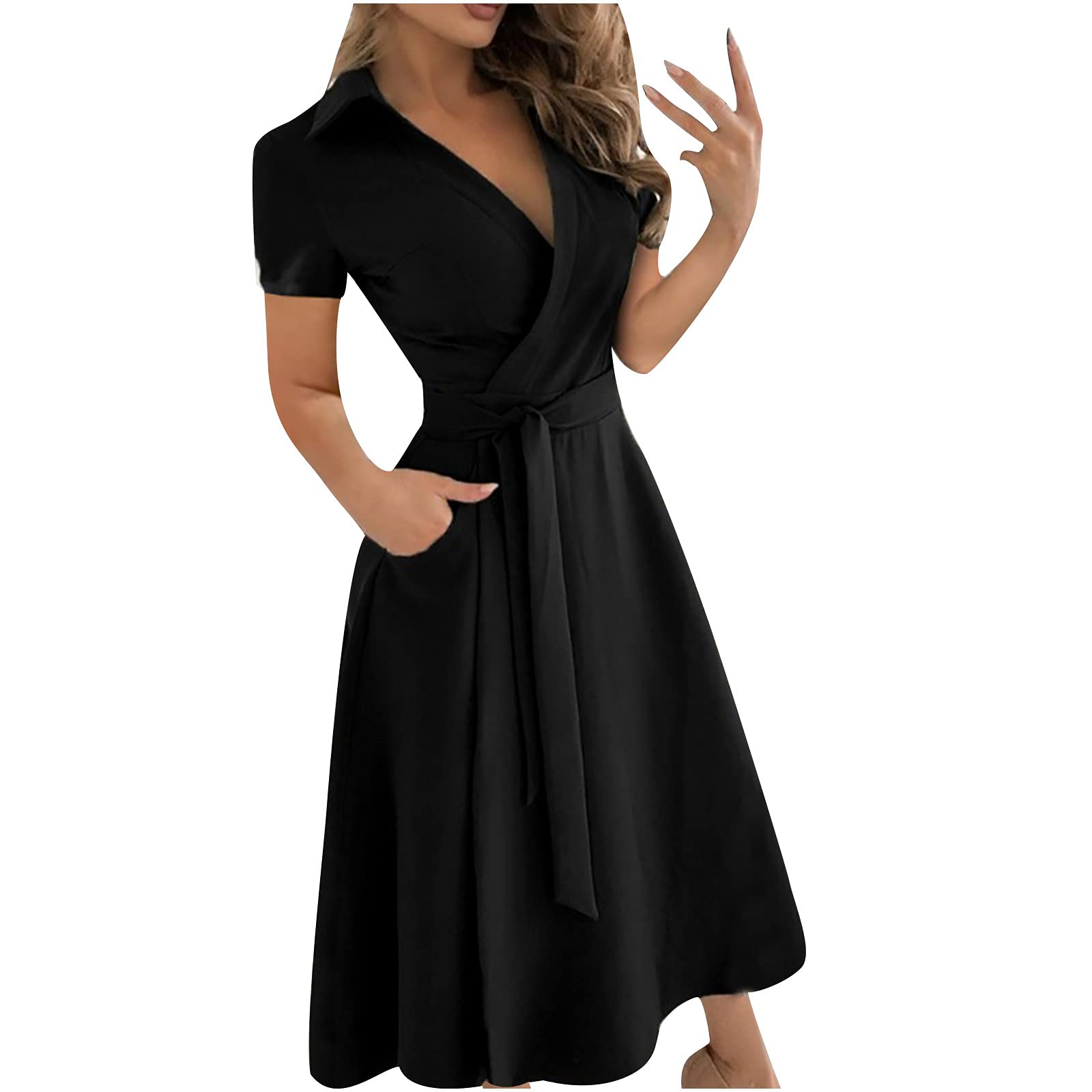 BmkBWO Women's Summer Short Sleeve Dress - V Neck Lapel A-Line Swing Dress with Tie Waist, Solid Color Casual Dress for Spring & Summer | Perfect for Beach, Vacation, Date Night and Office Wear