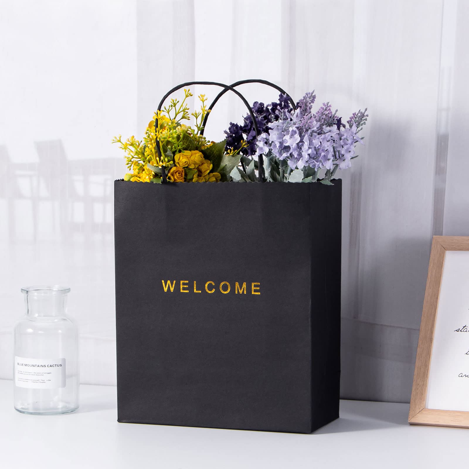 50 Pack Black Welcome Gift Bags with Handles - 7.9 x 3.7 x 9.4 Inches, 250g Paper - Perfect for Weddings, Parties, Retail & Shopping Bags - Bulk Welcome Bags for Guests, Bridal Showers & Corporate Events
