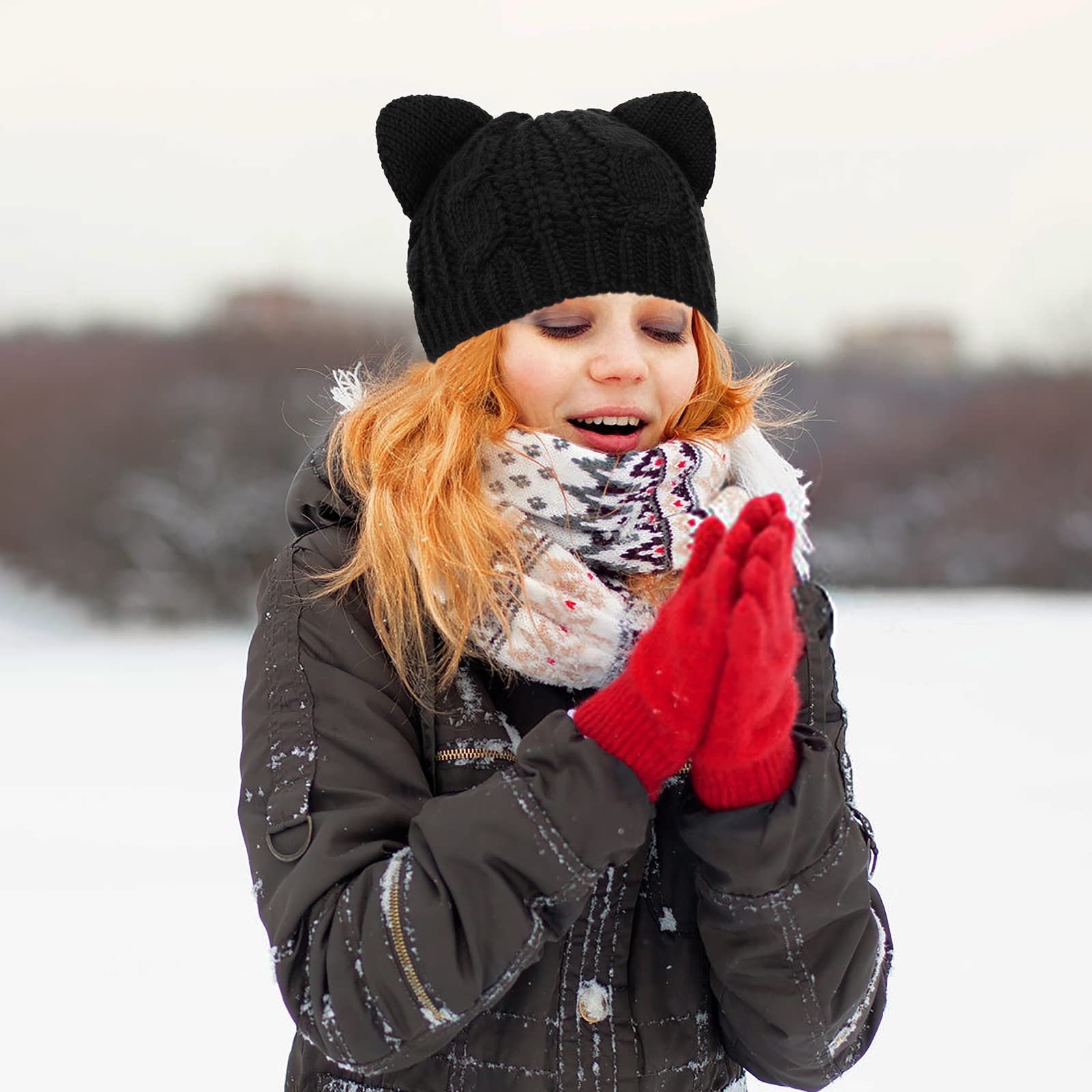 PHOGARY Cat Ear Beanie Hats for Women & Girls - Warm Winter Knit Cable Crochet Cap with Cute Cat Ears | Perfect for Cold Weather, Outdoor Activities & Fashion Accessories