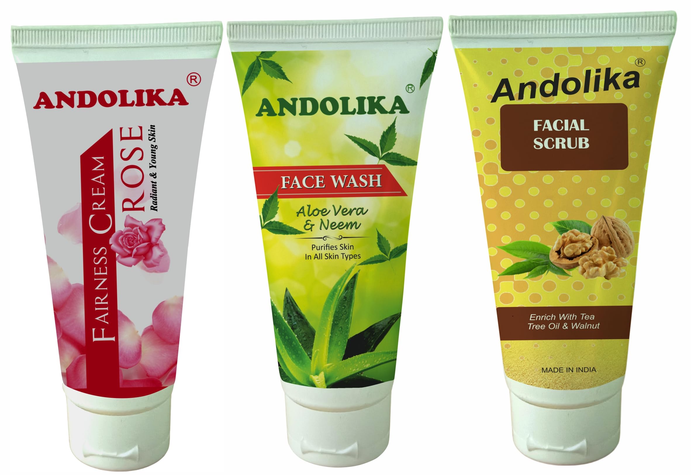 **ANDOLIKA Aloe Vera Face Wash + Fairness Cream + Walnut Face Scrub 3-in-1 Kit for Glowing Skin – Daily Cleansing, Brightening & Exfoliating Routine**