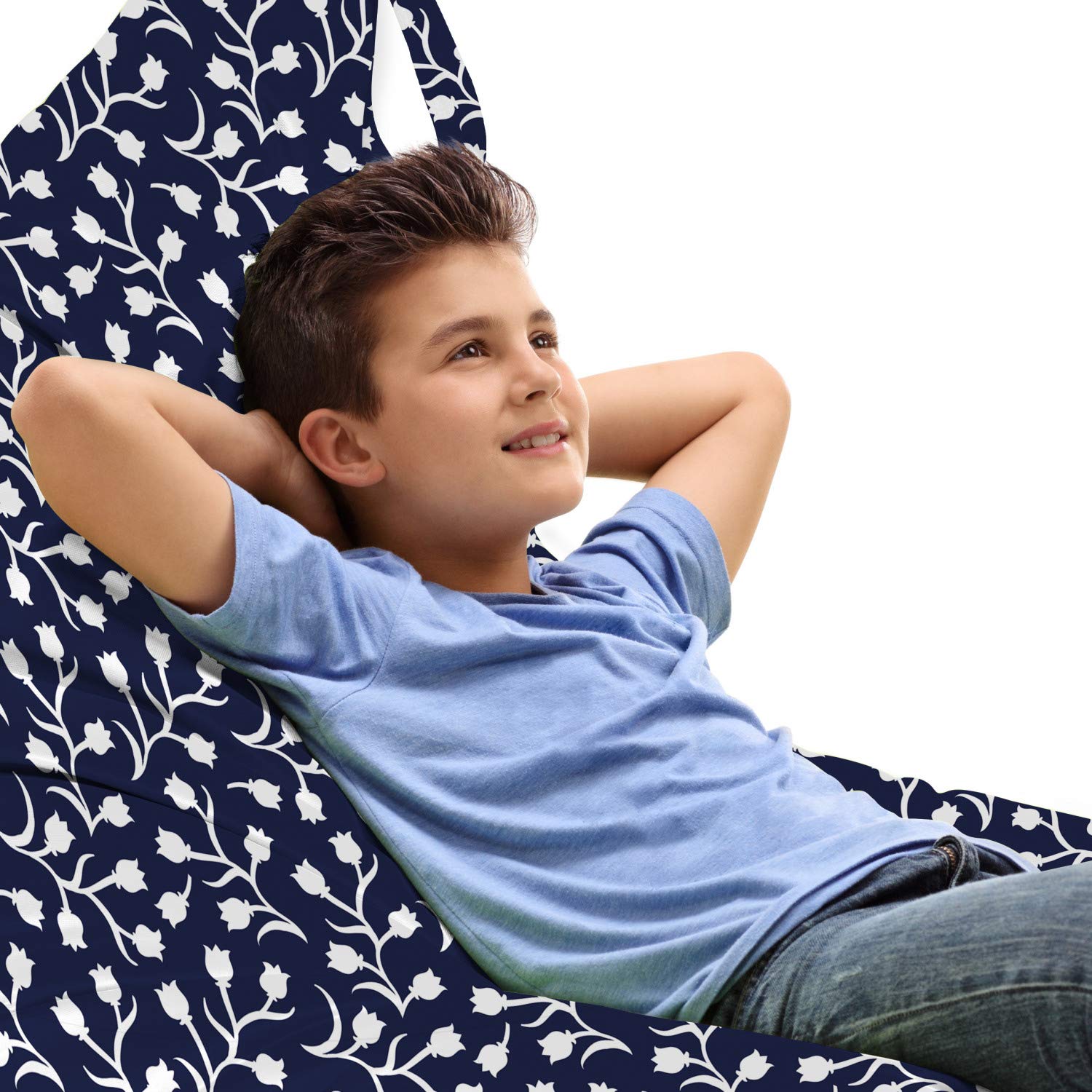 Ambesonne Oriental Lounger Chair Bag - Monochrome Floral Storage Container with Ethnic Tulip Pattern, High Capacity Handle Bag for Patio Furniture Covers (Dark Violet Blue White) - Perfect for Outdoor Poolside, Beach, and Garden Chair Storage