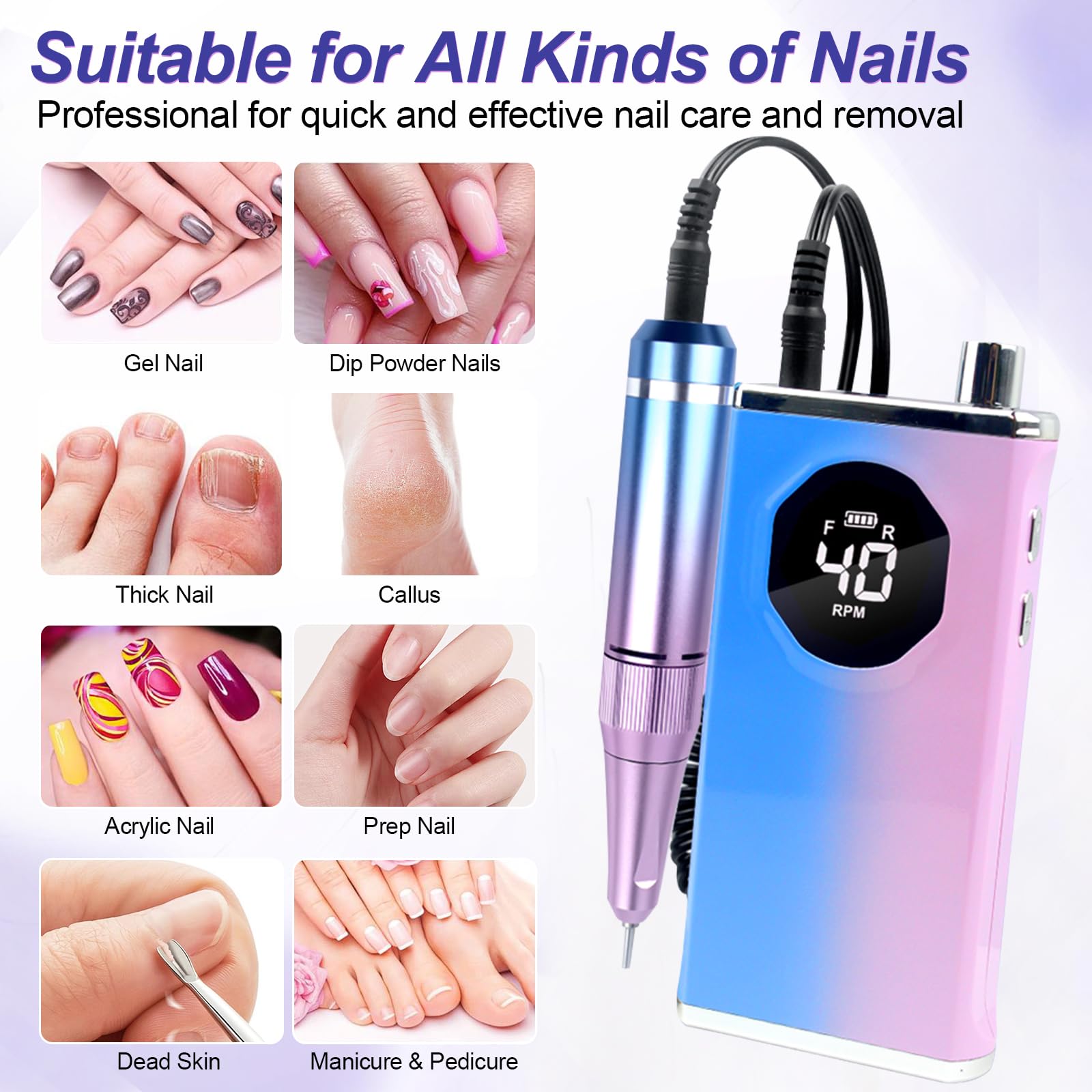 Professional Electric Nail Drill 40000 RPM - Rechargeable Cordless Nail File Machine Kit with Gold Bits for Acrylic & Gel Nails - Perfect for Salon & Home Use - Manicure, Pedicure & Nail Art