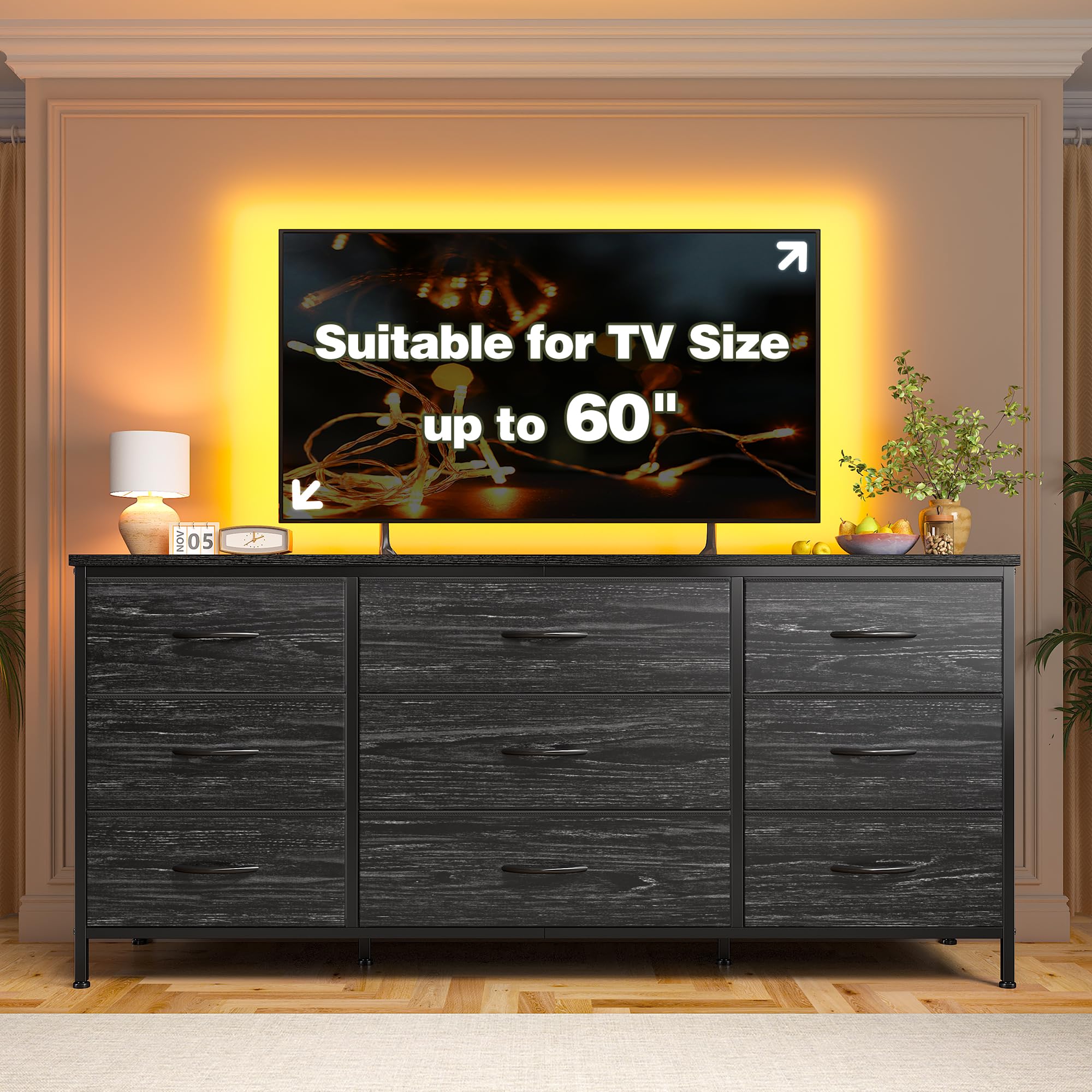 EnHomee 60'' TV Stand Dresser with 9 Drawers - Sturdy Metal Frame & Wood Top Fabric Dresser for Bedroom, Living Room, Closet - Charcoal Black | Perfect for TV Storage, Bedroom Organization & Living Room Furniture