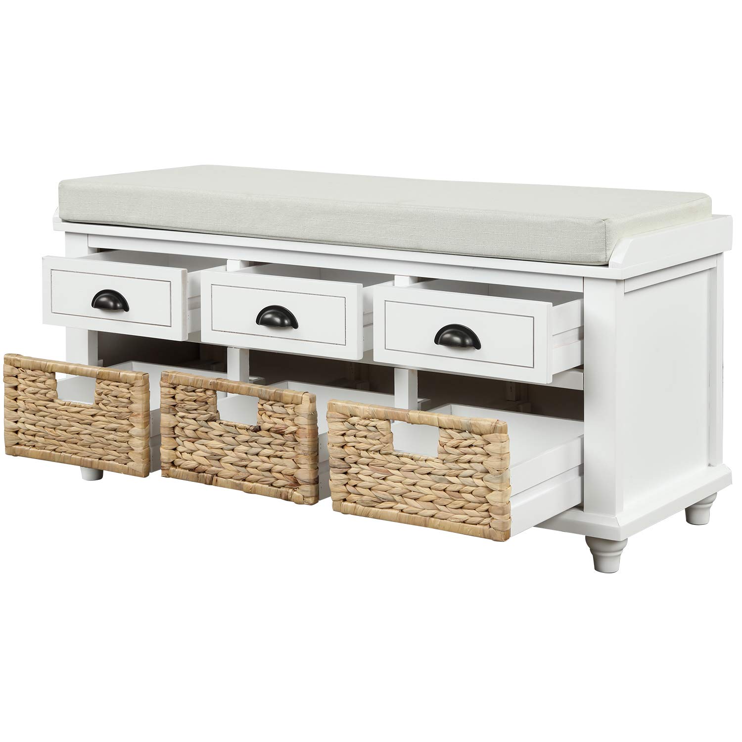 Rustic Entryway Storage Bench with Drawers & Baskets - for Shoes & Living Room