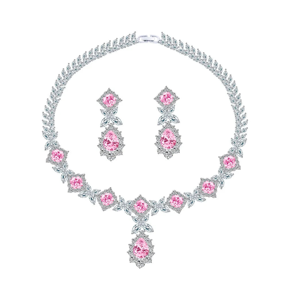 Luxury Pink Cubic Zirconia Wedding Jewelry Set for Women - 2 Piece Bridal Necklace Set, African Dubai Style Party Jewelry LYT0312 | Perfect for Weddings, Bridal Showers, and Special Occasions