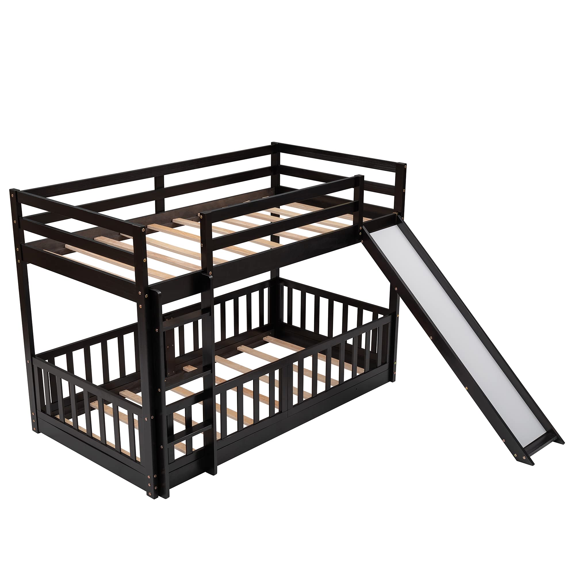 RUNNA Twin Over Twin Wood Bunk Bed with Convertible Slide & Ladder - Space-Saving Kids Loft Bed with Full-Length Guardrail - Espresso Finish for Bedroom, Dorm, or Playroom