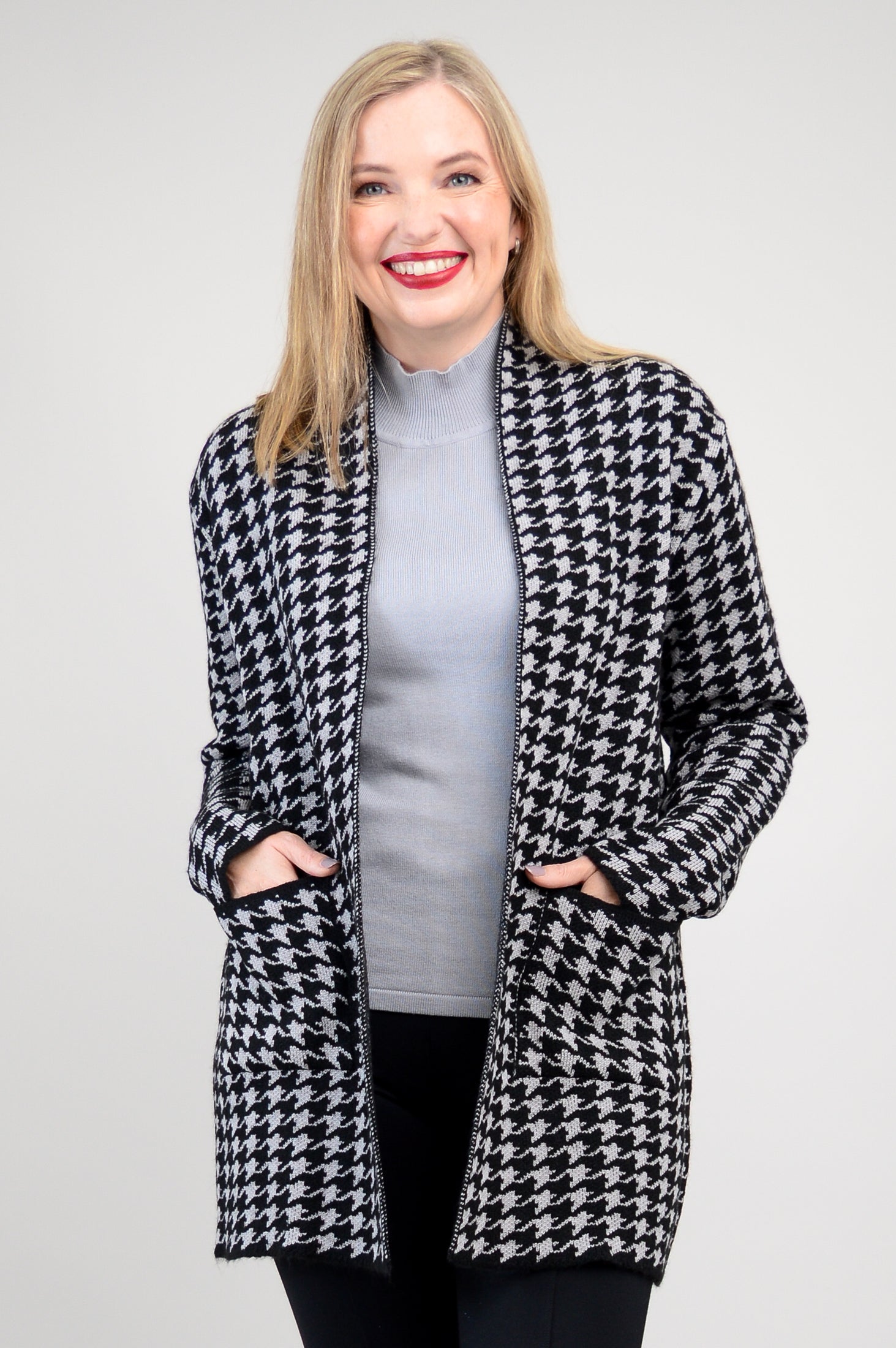 Dakota Cardigan Women's Houndstooth Pattern Cotton Wool Blend Knit Sweater for Fall & Winter - Cozy Office Wear & Casual Outfits