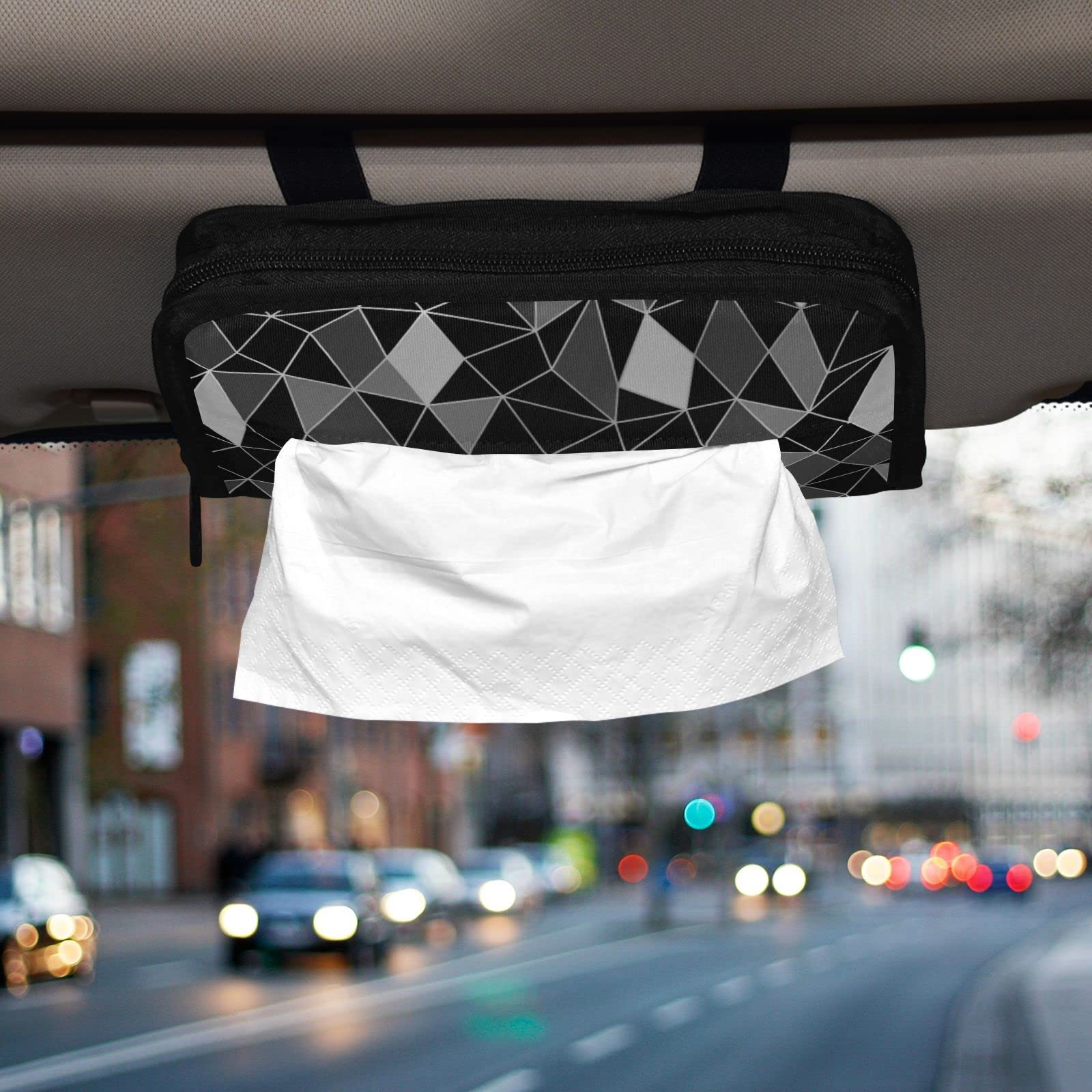 Geometric Black Grey Pattern Car Tissue Holder - Nylon Sun Visor Napkin & Mask Organizer - Car Tissue Box with Refill - Perfect for Road Trips & Daily Commutes