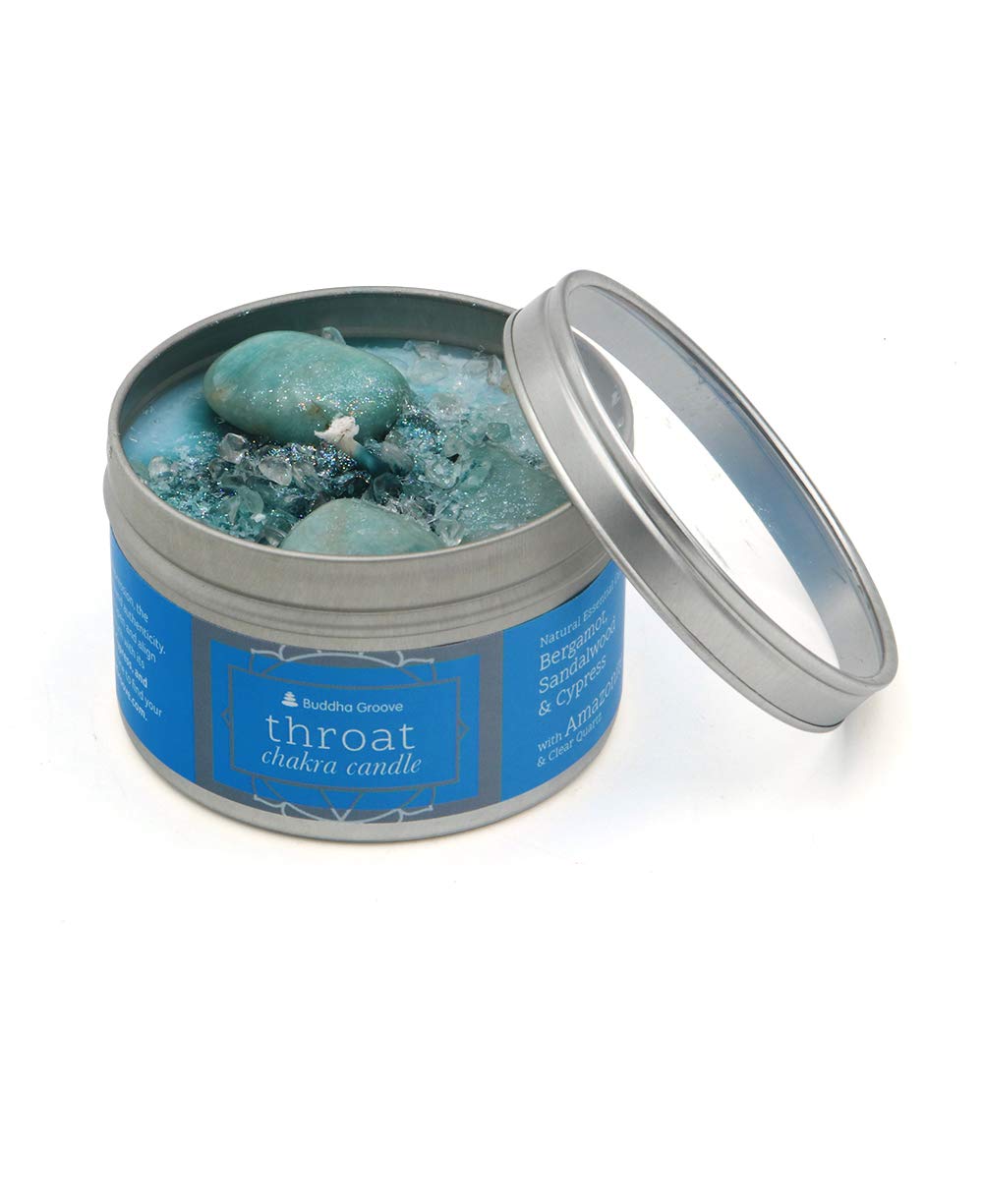 Buddha Groove Chakra Gemstone Candles - Essential Oil Infused Soy Wax with Natural Vegetable Dyes | Throat Chakra Healing Stone & Glitter Topped | Meditation, Yoga & Spiritual Relaxation Gift