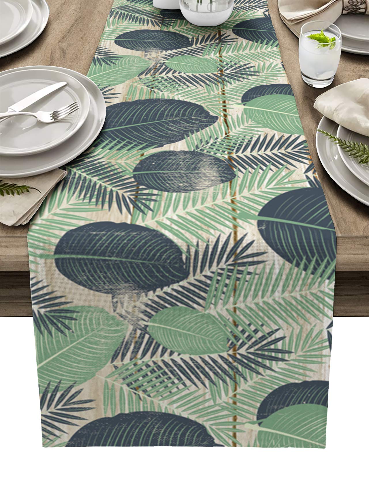 CyCoShower 72 Inch Tropical Monstera Leaf Table Runner - Vintage Wood Grain Cotton Linen Tablecloth for Farmhouse Dining, Buffet, and Home Decor | Perfect for Dinner Parties, Weddings & Rustic Gatherings