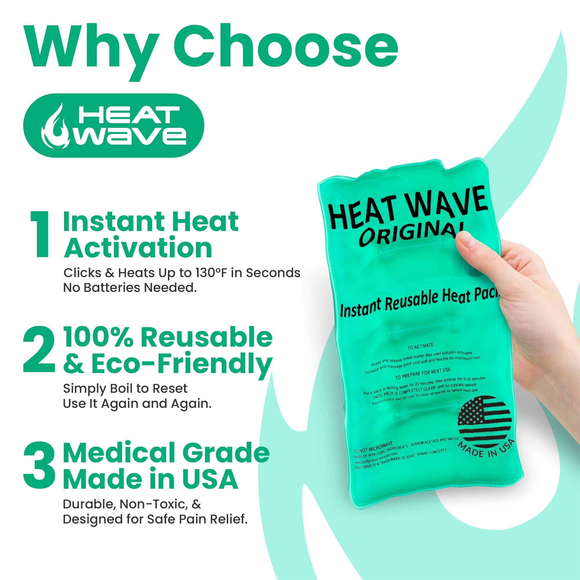 HEAT WAVE Green Instant Reusable Heat Pack - Medical Grade, Large (8