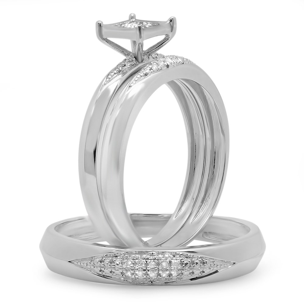 Dazzlingrock 0.06 Carat Round Diamond Engagement Ring Set for Men & Women - Sterling Silver Micropave Wedding Band Trio - Perfect for Proposals, Anniversaries & Special Occasions