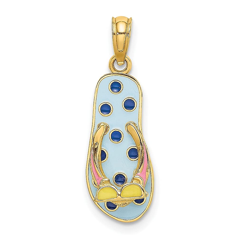 14K Yellow Gold 3D Enamel Sunglasses on Blue Polka Dot Flip Flop Charm Necklace Pendant - Beach Jewelry for Women, Perfect Summer Gift for Her - Ideal for Vacation, Pool Party & Seaside Accessories