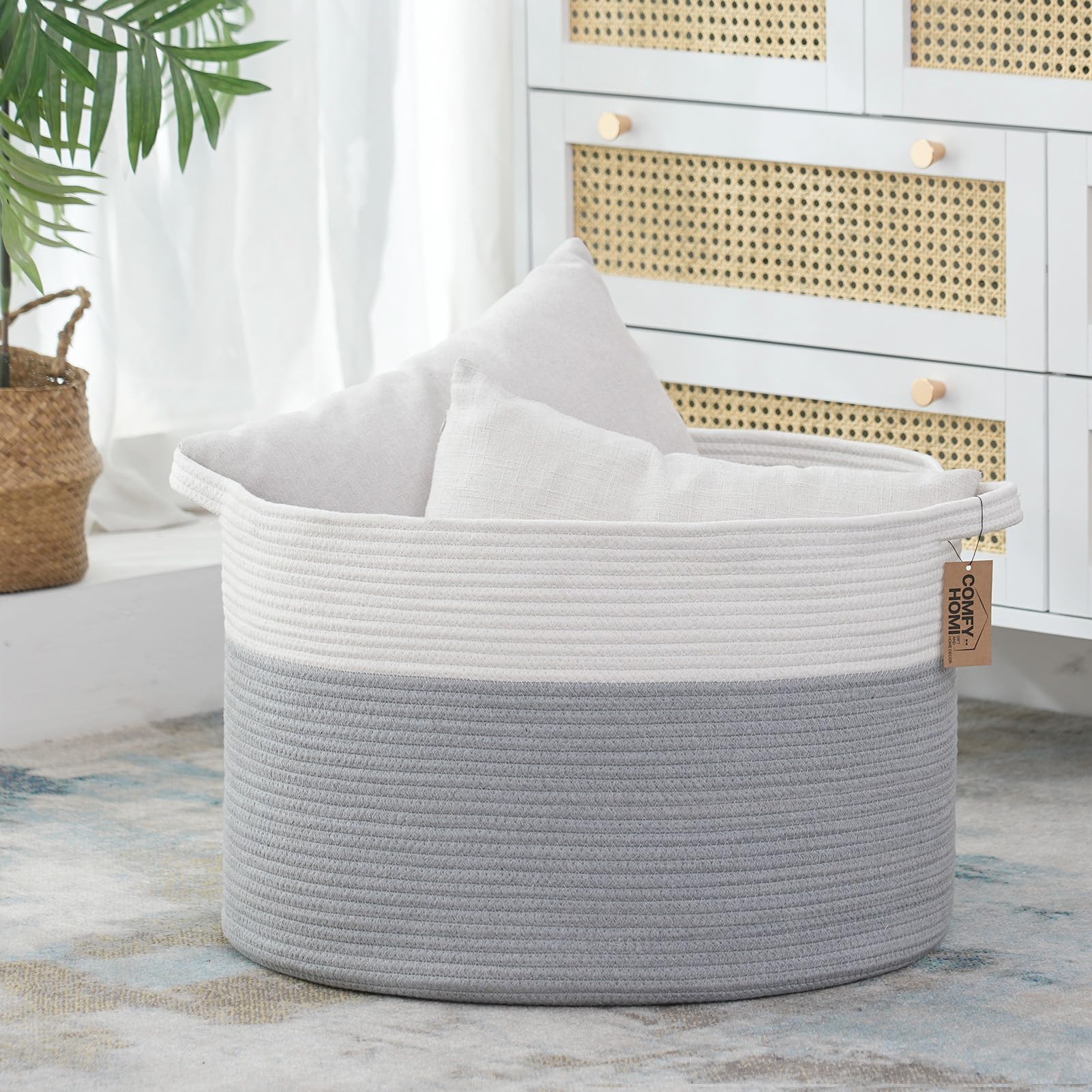 COMFY-HOMI 4-Piece Woven Rope Basket Set - 1 Large Laundry Basket (21x21x13.6