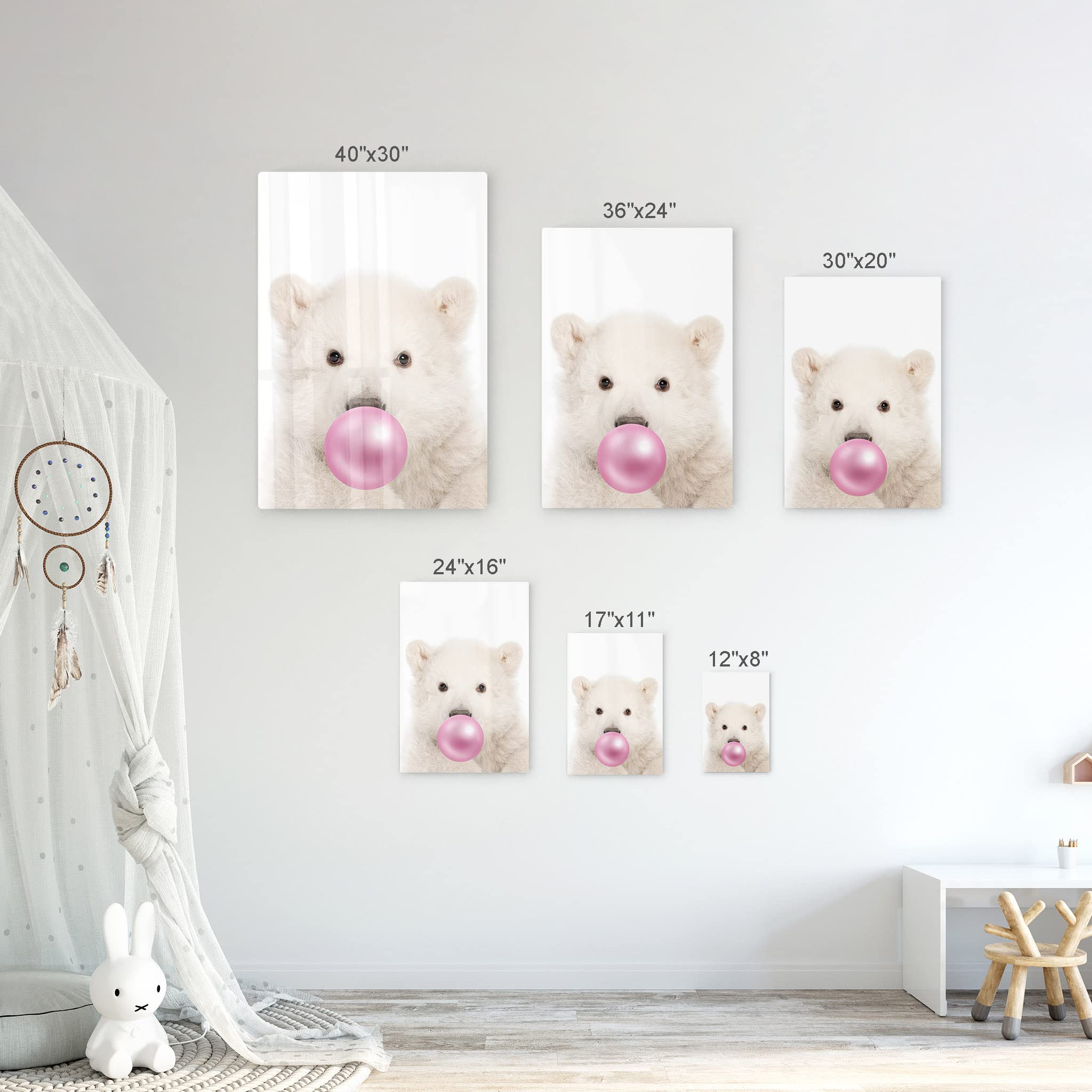 Polar Bear Chewing Pink Bubble Gum Metal Wall Art Print - 12x8 Inches, Animal Pop Art Decor for Office, Living Room, Bedroom & Nursery - Unique Gift for Kids & Baby Room