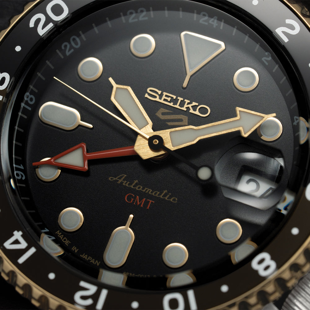 SSK036 5 Sports SKX GMT 42.5mm Men's Automatic Watch - Black Dial with Genuine Leather Strap - Diver Style for Swimming, Diving & Outdoor Adventures