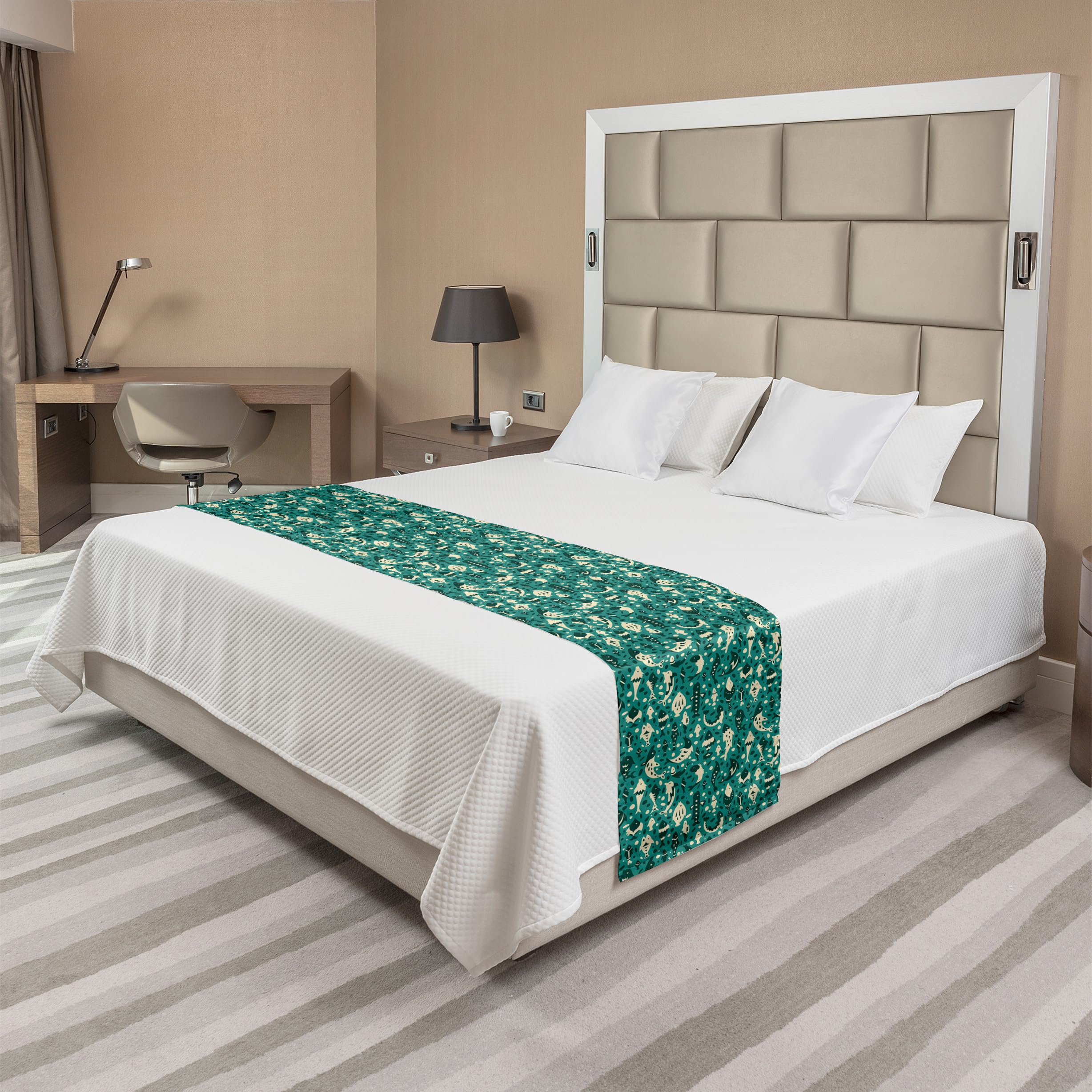 Ambesonne Nautical Bed Runner - Hand Drawn Fish Silhouettes Underwater Animal Design, Decorative Bed Scarf for Home, Hotel & Guest Room Decor - Teal, Dark Teal & Cream | Perfect for Coastal, Beach & Ocean Theme Bedrooms