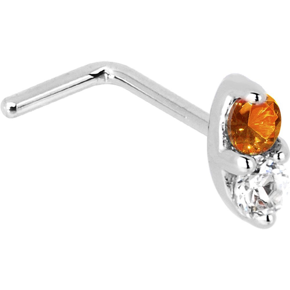 14K White Gold L-Shaped Nose Stud Ring with Clear Orange CZ Marquise - 1.5mm, 20 Gauge, 1/4