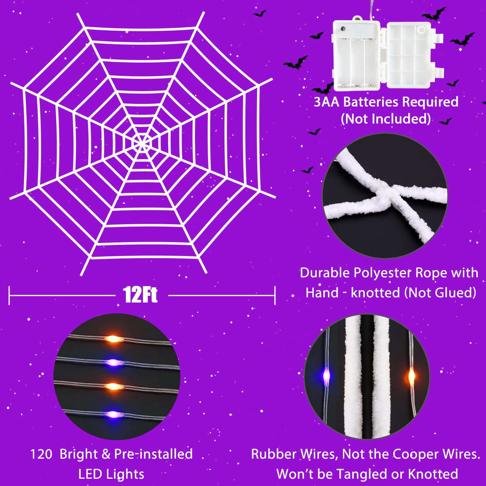 12 Ft Halloween Spider Web Lights with 120 LED - Waterproof Outdoor & Indoor Decor for Halloween Party, Haunted House, Yard Decoration - Perfect for Spooky Atmosphere & Holiday Lighting