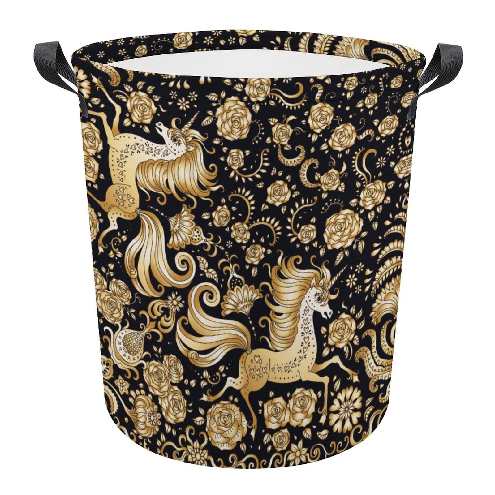 Unicorn Golden Waterproof Laundry Basket - Large Collapsible Hamper with Handles for Clothes & Toys - Fantasy Floral Design Round Storage Bin for Bedroom, Bathroom & Kids Room - Perfect for Organizing Dirty Laundry, Stuffed Animals & Playroom Toys