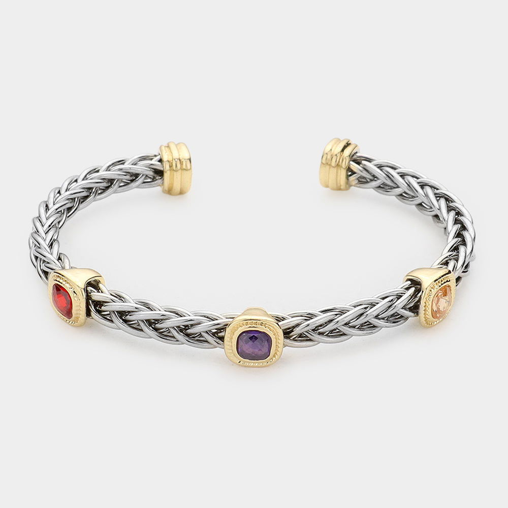 Triple CZ Multicolor Stone Cable Cuff Bracelet for Women | Fashion Jewelry Accessories | Perfect for Parties, Weddings & Everyday Wear