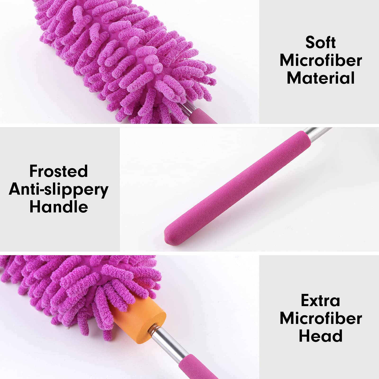 Tukuos Microfiber Duster Set - 2 Washable & Replaceable Heads with Extendable Pole & Detachable Brush | Perfect for Office, Car, Windows, Furniture & Ceiling Fan Cleaning | Dusting Tool for Home, Office & Vehicle Maintenance