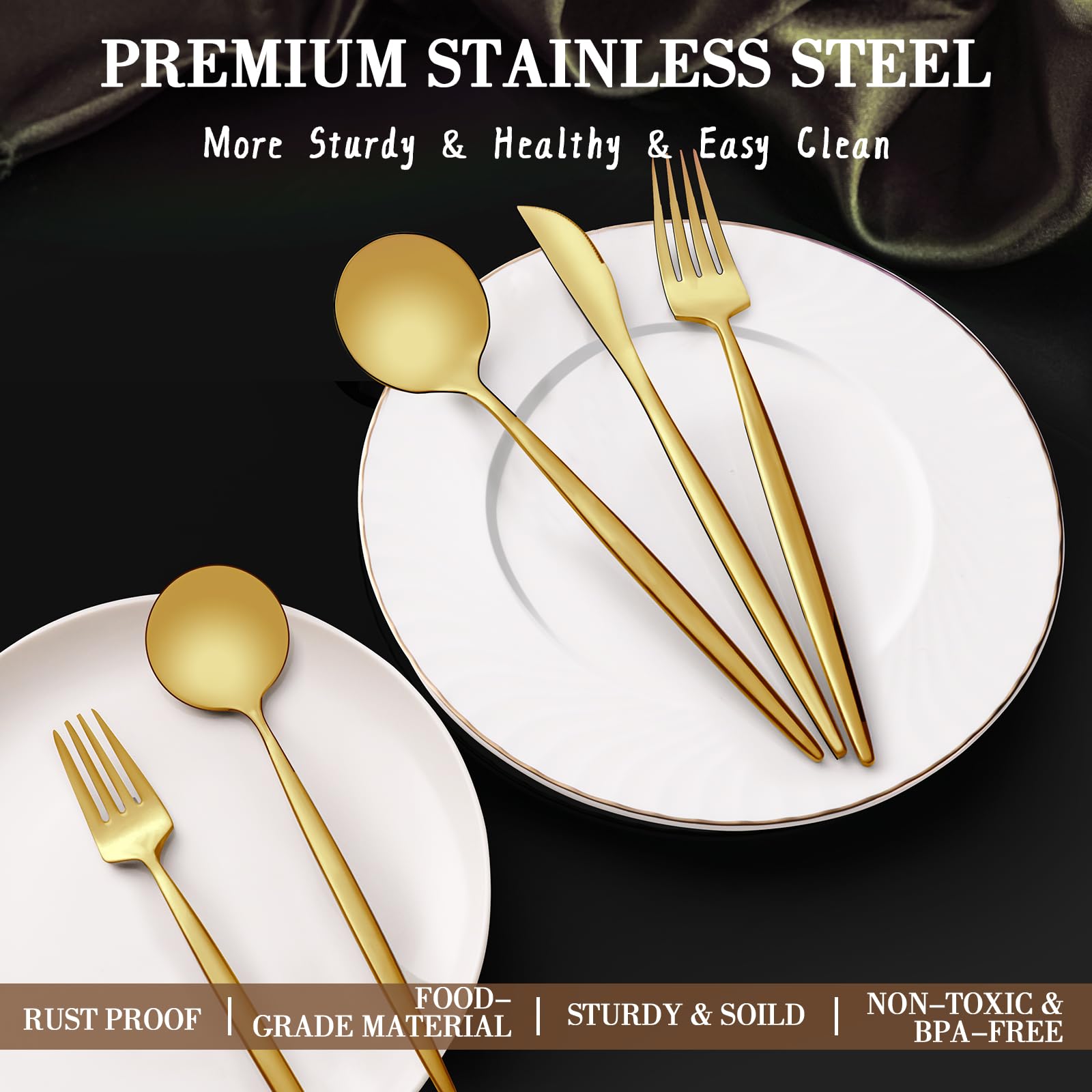 40-Piece Gold Silverware Set for 8 - CEKEE Stainless Steel Flatware Set with Satin Finish | Cutlery & Kitchen Utensils for Home, Restaurant & Wedding | Elegant Tableware Set Includes Forks, Knives & Spoons | Perfect for Dinner Parties, Holiday Meals & Special Occasions