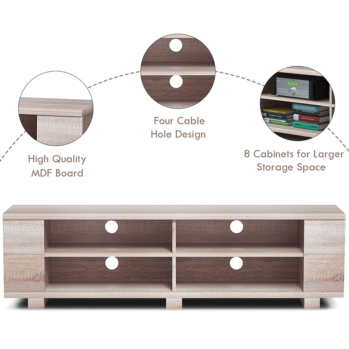 Modern Wood TV Stand for 65-Inch TVs - Universal Entertainment Center with 8 Open Storage Shelves - Stylish Living Room Furniture for TV, Gaming & Media Storage (Natural Wood Finish)