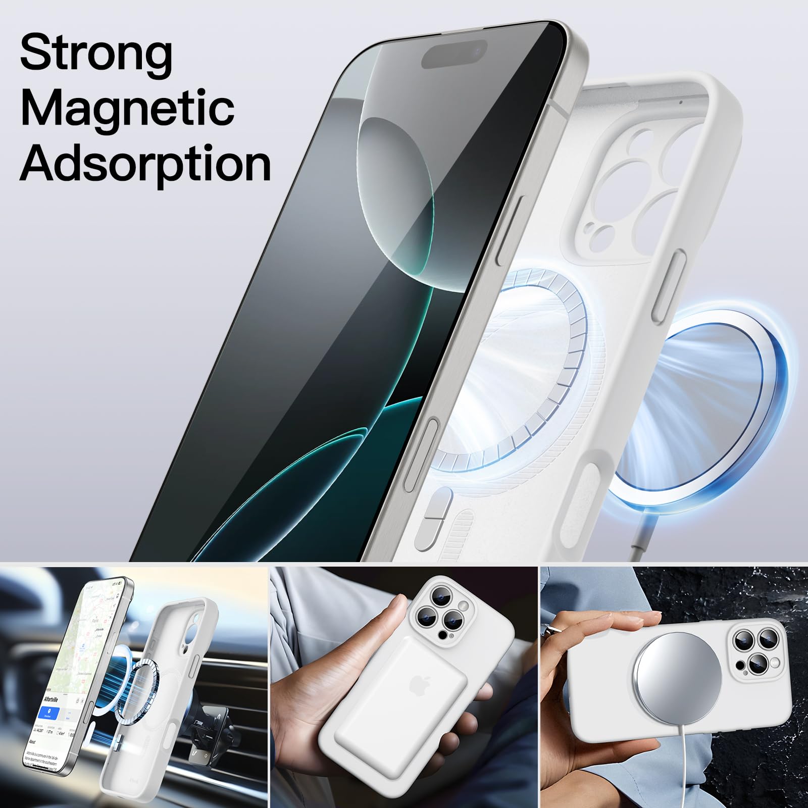 Premium JETech Magnetic Silicone Case for iPhone 16 Pro 6.3-Inch - Magsafe Compatible, Ultra-Soft Shockproof Cover with Full Camera Protection (White) - Perfect for Daily Use, Travel & Wireless Charging