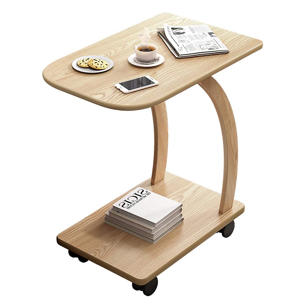Modern C-Shaped Wooden Side Table with Wheels - Portable Sofa End Table for Laptop, Coffee & Snacks | Mobile Bedside Storage Rack for Living Room, Bedroom & Office Use