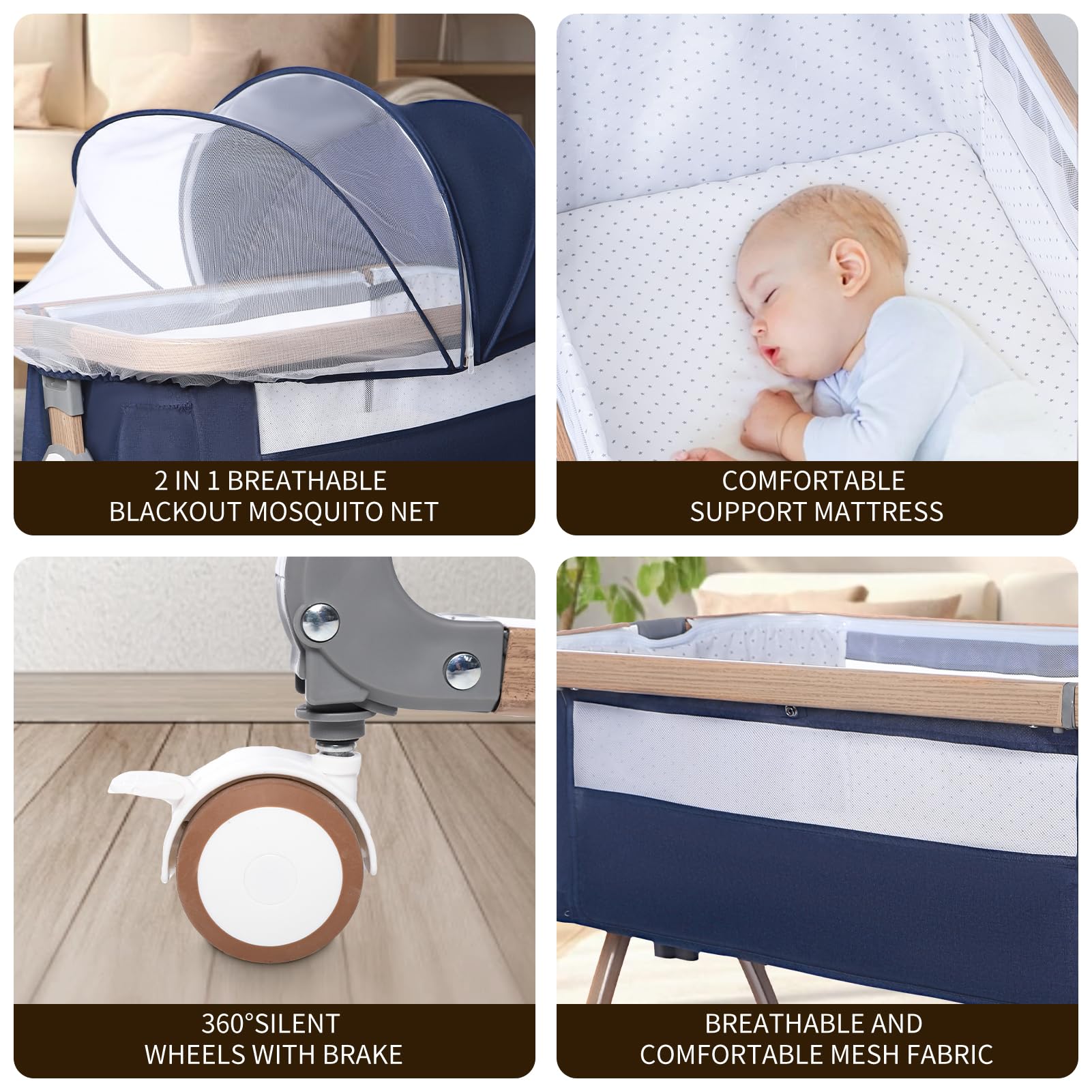 PLKMGF 3-in-1 Adjustable Baby Bassinet & Bedside Sleeper with Wheels, Storage Basket & Mosquito Net - Portable Crib for Newborn & Infant - Perfect for Nursery, Bedroom & Travel Use
