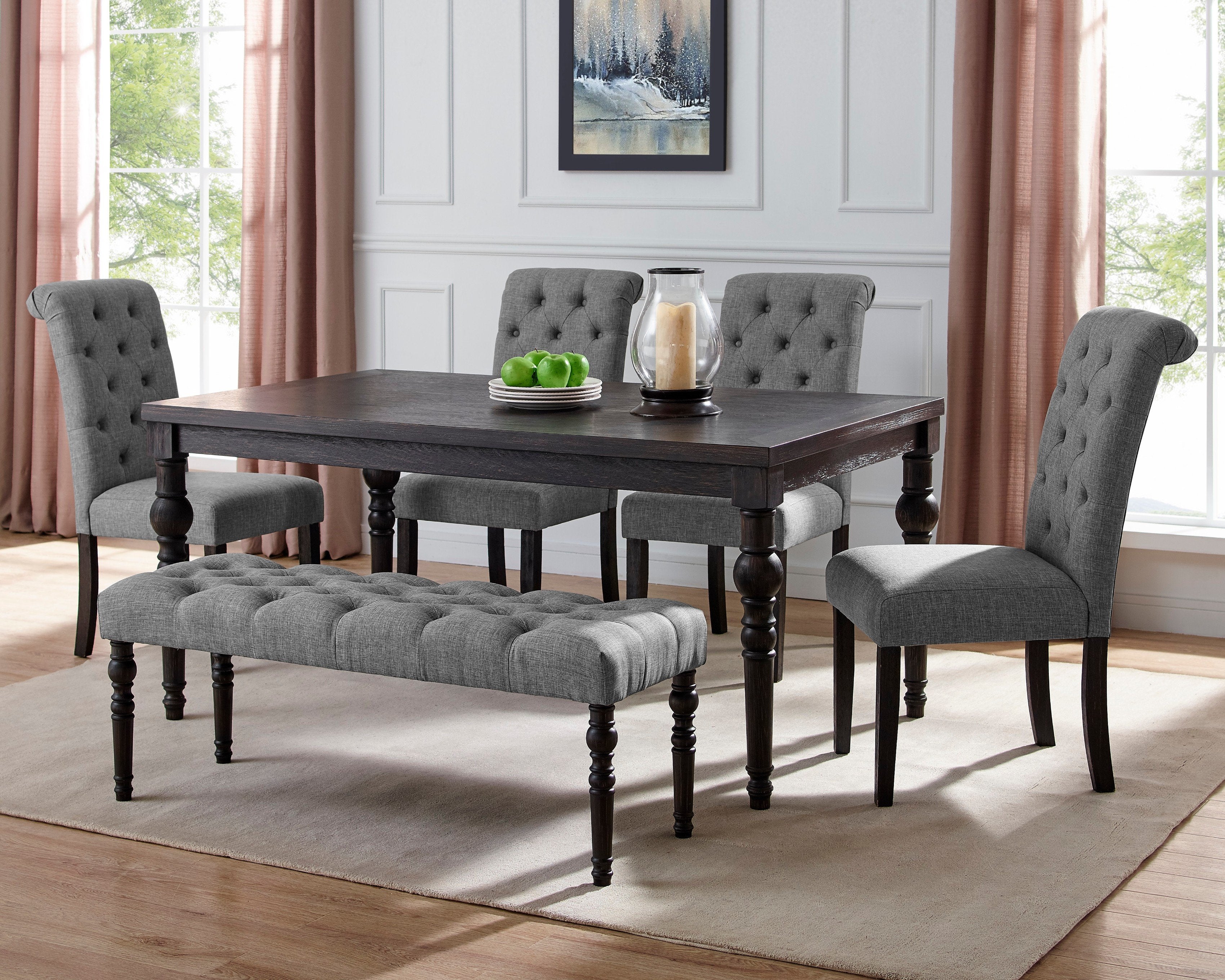 Roundhill Furniture Leviton Urban Style Dark Wash Wood Dining Set: Table, 4 Chairs & Bench in Gray - Modern Farmhouse Kitchen & Dining Room Furniture for Family Gatherings
